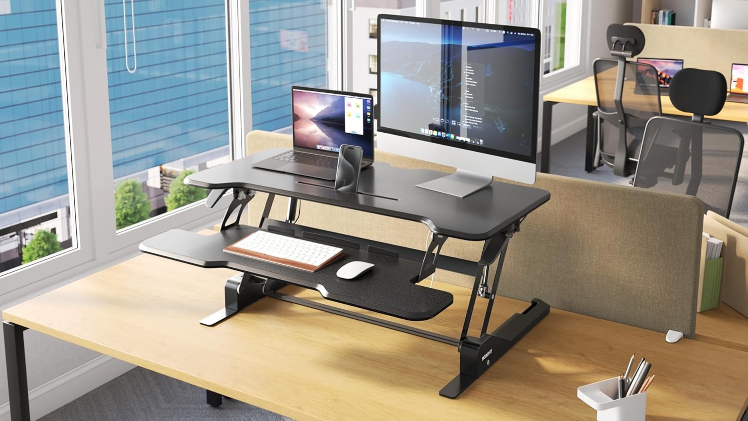 image:imageMountIt 38 Inch Standing Desk Converter Gas Spring Sit Stand Desk Riser for Dual Monitors Height Adjustable Desktop Workstation with Keyboard Tray BlackBlack
