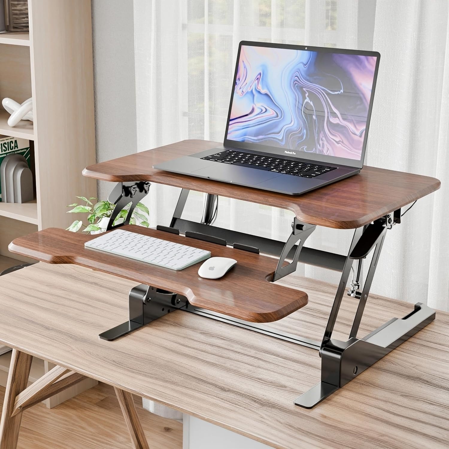 image:imageMountIt 38 Inch Standing Desk Converter Gas Spring Sit Stand Desk Riser for Dual Monitors Height Adjustable Desktop Workstation with Keyboard Tray BlackDark Walnut