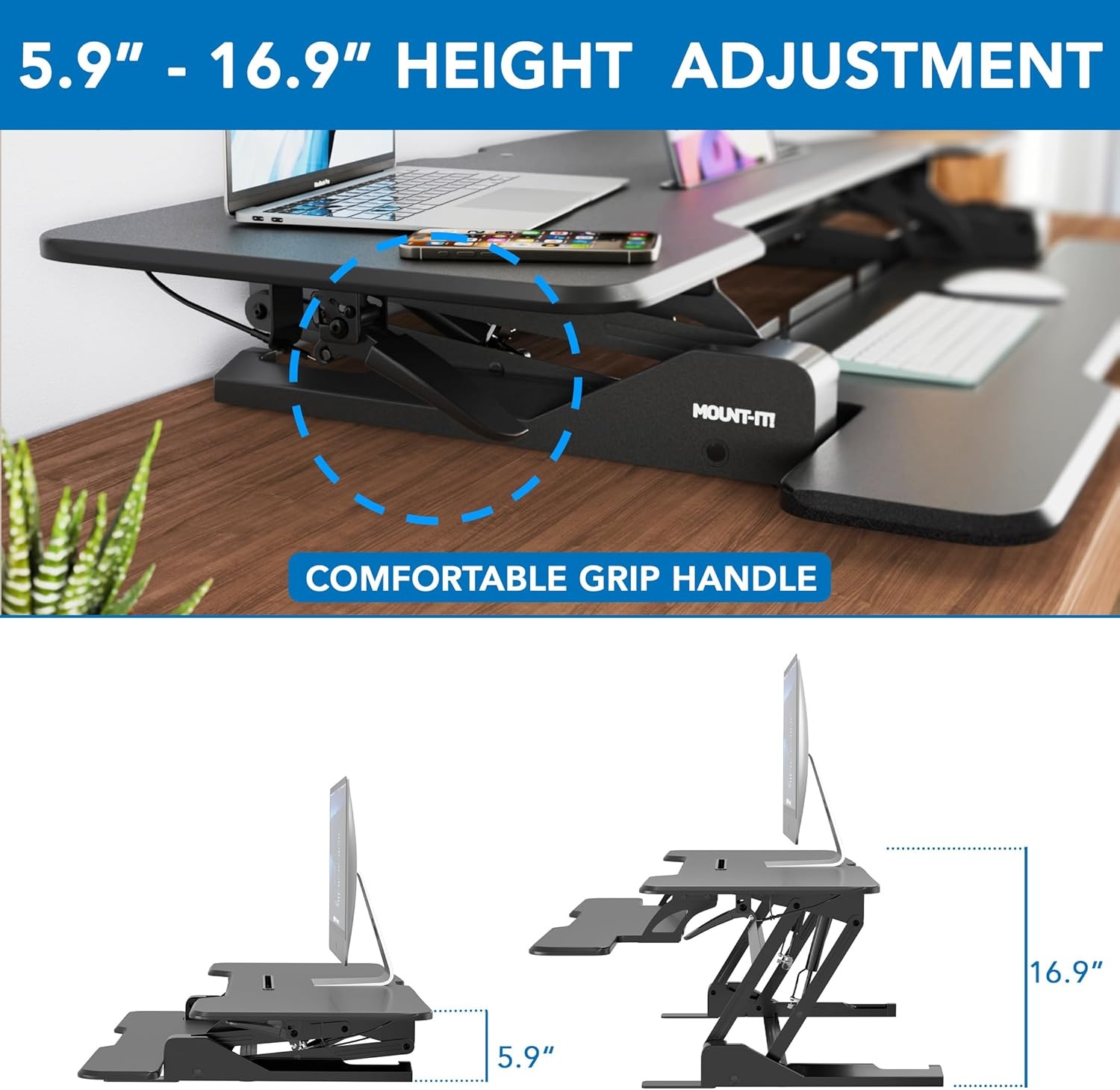 image:imageMountIt 38 Inch Standing Desk Converter Gas Spring Sit Stand Desk Riser for Dual Monitors Height Adjustable Desktop Workstation with Keyboard Tray BlackBlack