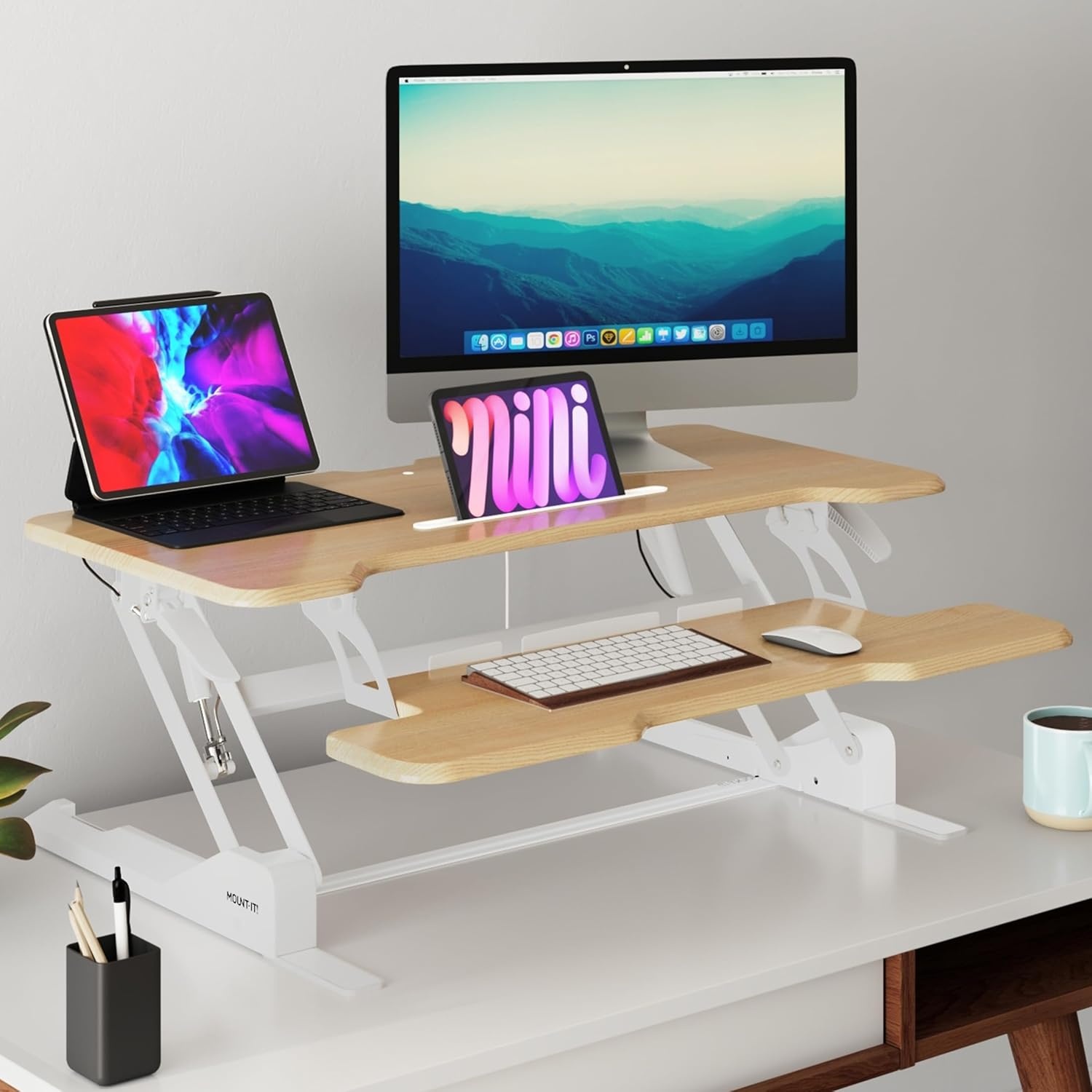 image:imageMountIt 38 Inch Standing Desk Converter Gas Spring Sit Stand Desk Riser for Dual Monitors Height Adjustable Desktop Workstation with Keyboard Tray BlackMaple