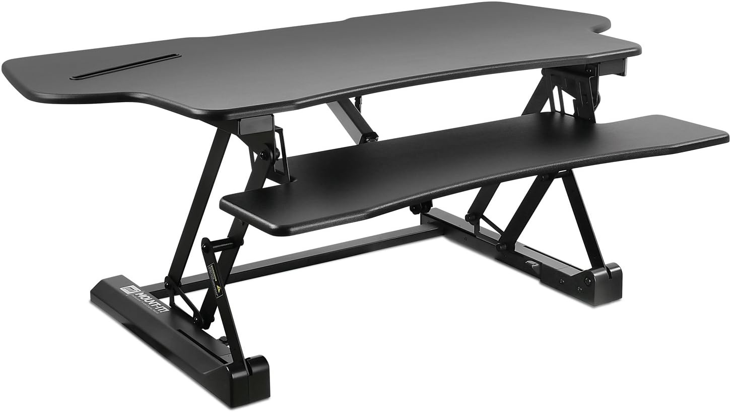 image:imageMountIt 485 Electric Standing Desk Converter for Dual Monitors Motorized Sit Stand Electric Desk Riser with USB Port amp Device Slot Keyboard Tray Adjustable Height Ergonomic Workstation Black