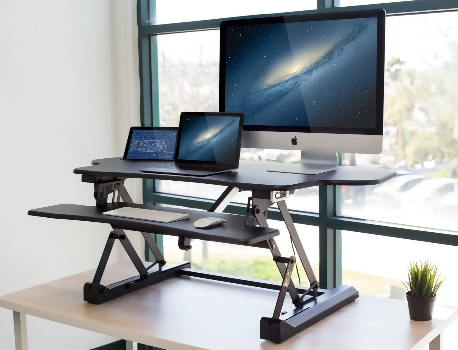 image:imageMountIt 485 Electric Standing Desk Converter for Dual Monitors Motorized Sit Stand Electric Desk Riser with USB Port amp Device Slot Keyboard Tray Adjustable Height Ergonomic Workstation Black
