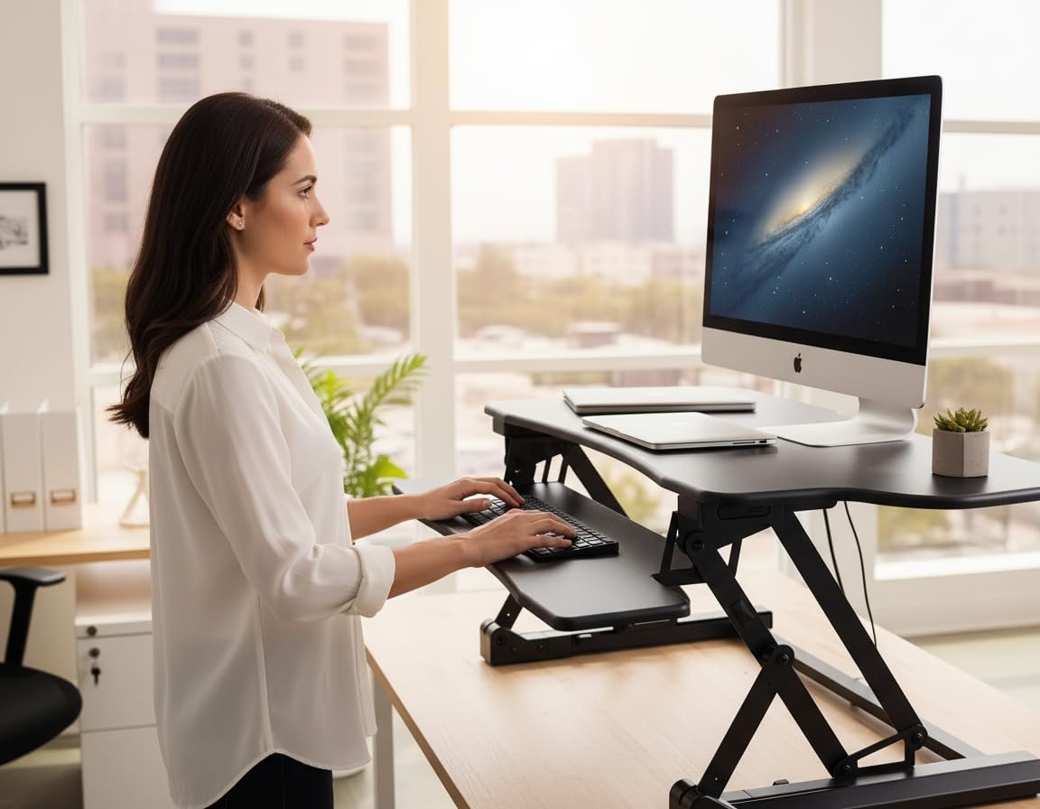 image:imageMountIt 485 Electric Standing Desk Converter for Dual Monitors Motorized Sit Stand Electric Desk Riser with USB Port amp Device Slot Keyboard Tray Adjustable Height Ergonomic Workstation Black
