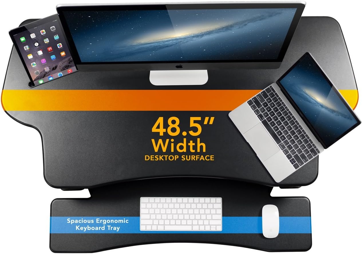 image:imageMountIt 485 Electric Standing Desk Converter for Dual Monitors Motorized Sit Stand Electric Desk Riser with USB Port amp Device Slot Keyboard Tray Adjustable Height Ergonomic Workstation Black