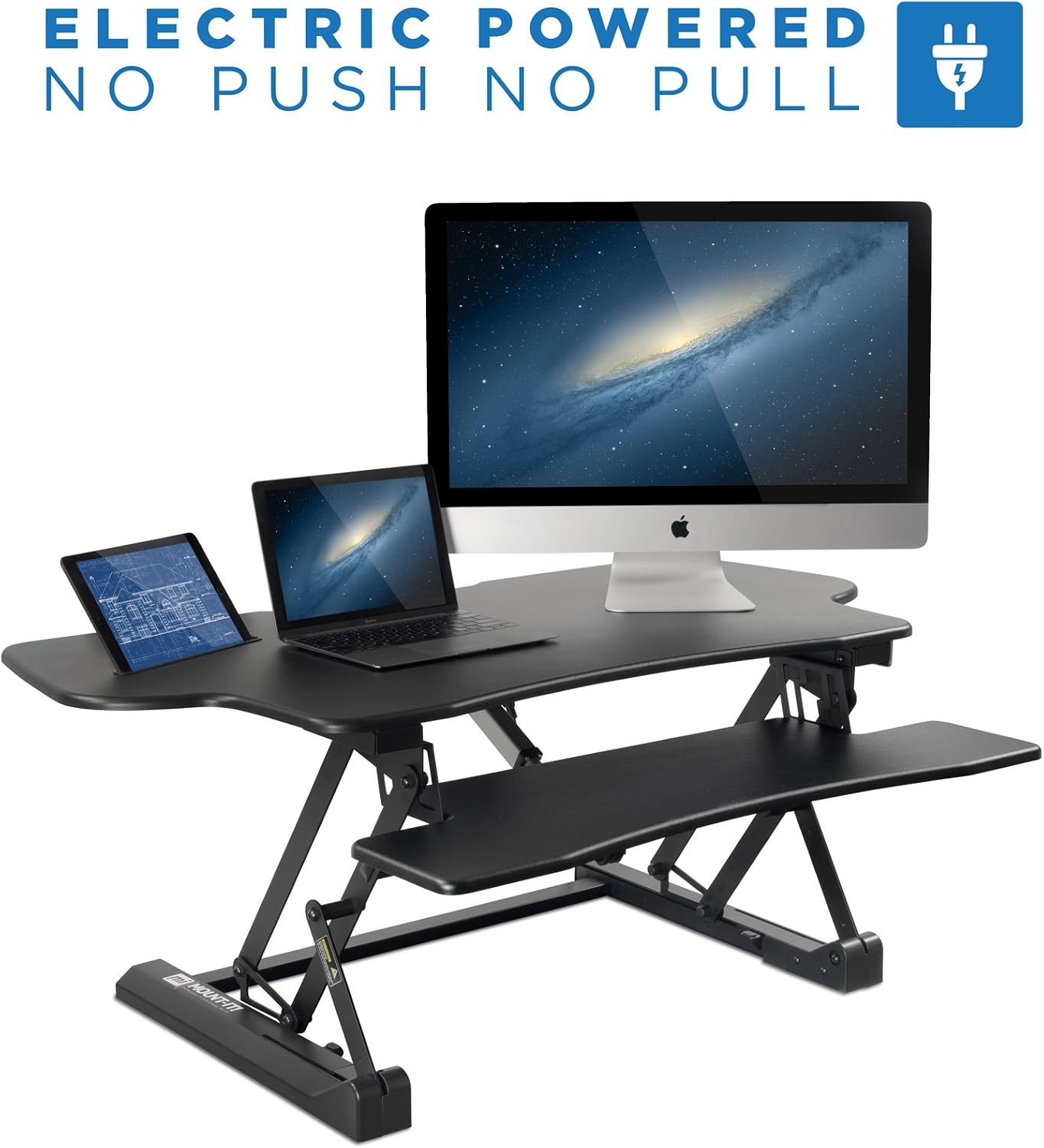 image:imageMountIt 485 Electric Standing Desk Converter for Dual Monitors Motorized Sit Stand Electric Desk Riser with USB Port amp Device Slot Keyboard Tray Adjustable Height Ergonomic Workstation Black