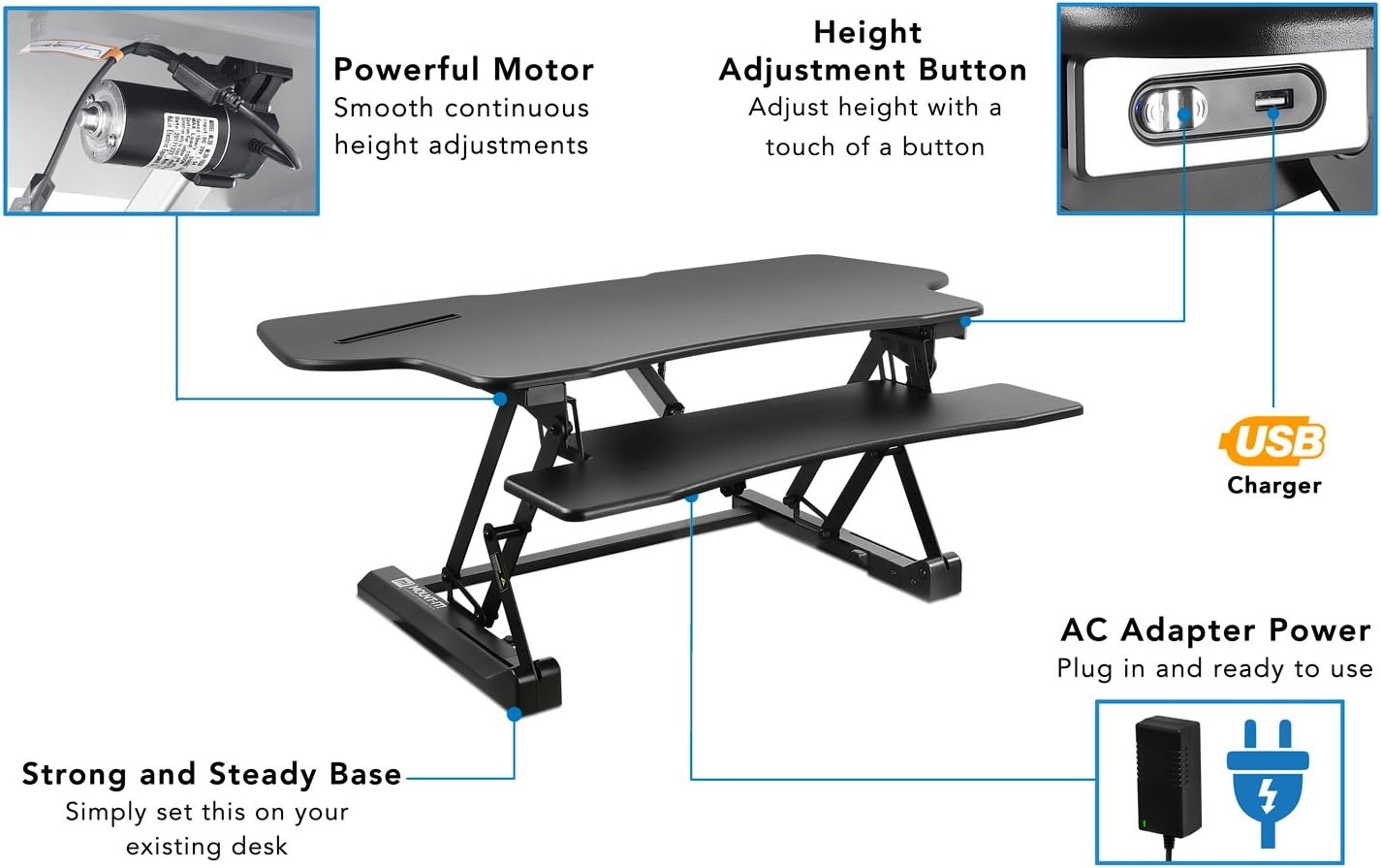 image:imageMountIt 485 Electric Standing Desk Converter for Dual Monitors Motorized Sit Stand Electric Desk Riser with USB Port amp Device Slot Keyboard Tray Adjustable Height Ergonomic Workstation Black