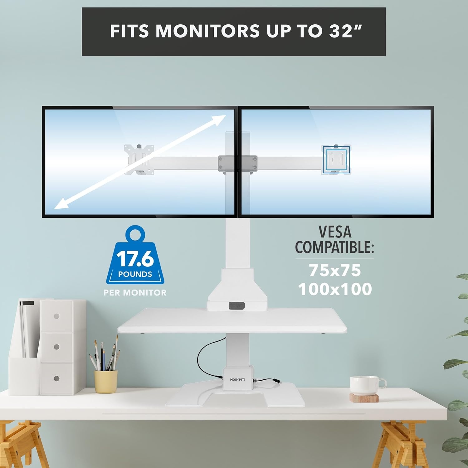 image:imageMountIt Double Monitor Electric Standing Desk Converter 2 Screens Stand Up Desk Riser Height Adjustable Desktop amp 2 Mounts for Screens up to 32 SitStand Convertor for Home Office SchoolWhite