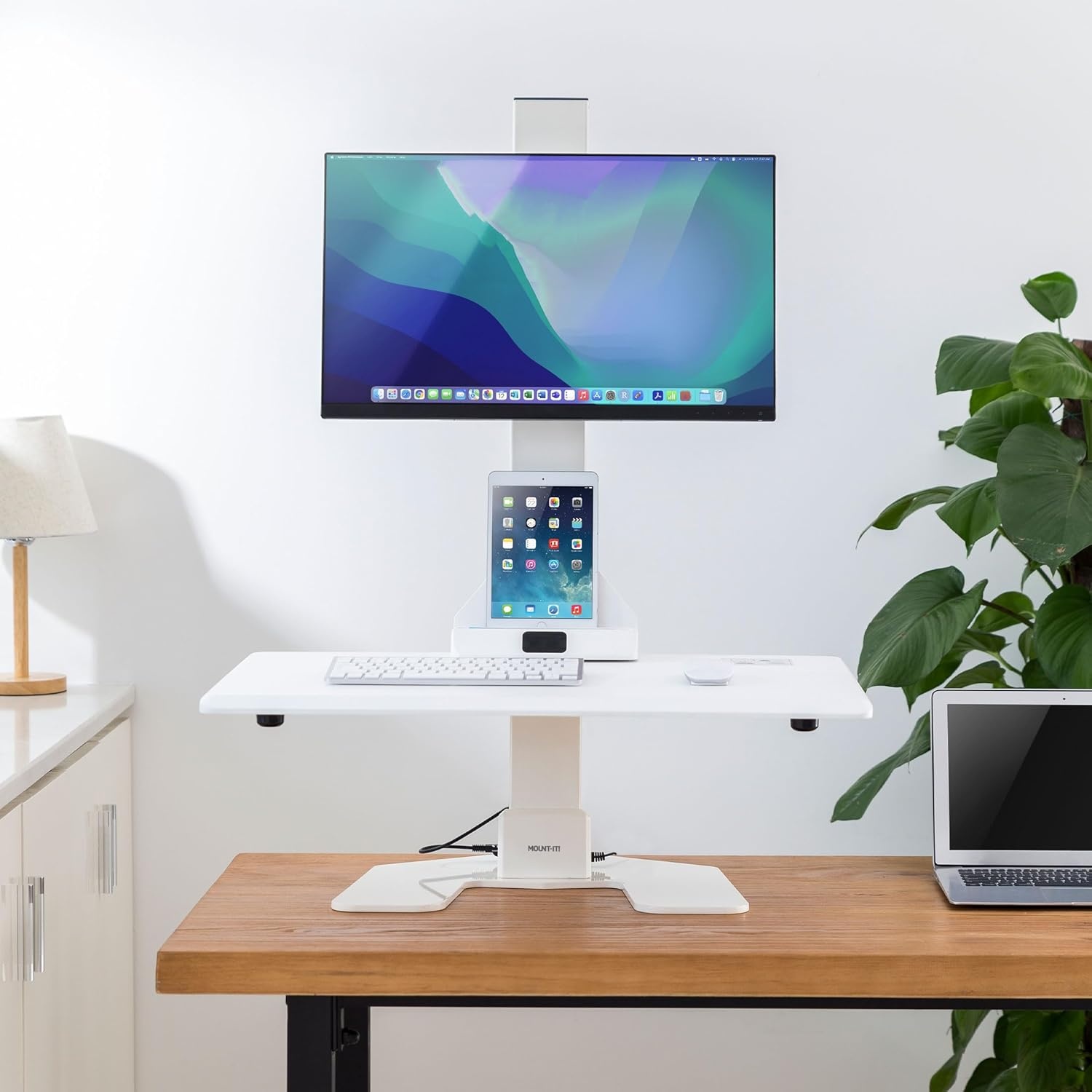 image:imageMountIt Double Monitor Electric Standing Desk Converter 2 Screens Stand Up Desk Riser Height Adjustable Desktop amp 2 Mounts for Screens up to 32 SitStand Convertor for Home Office SchoolWhite