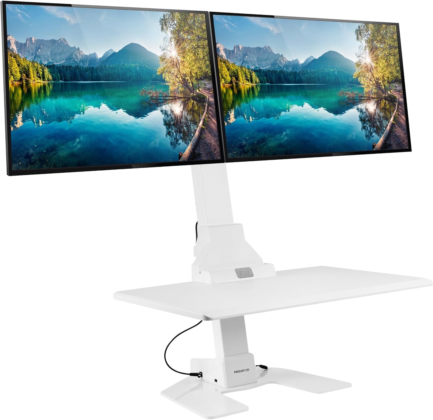 image:imageMountIt Double Monitor Electric Standing Desk Converter 2 Screens Stand Up Desk Riser Height Adjustable Desktop amp 2 Mounts for Screens up to 32 SitStand Convertor for Home Office SchoolWhite