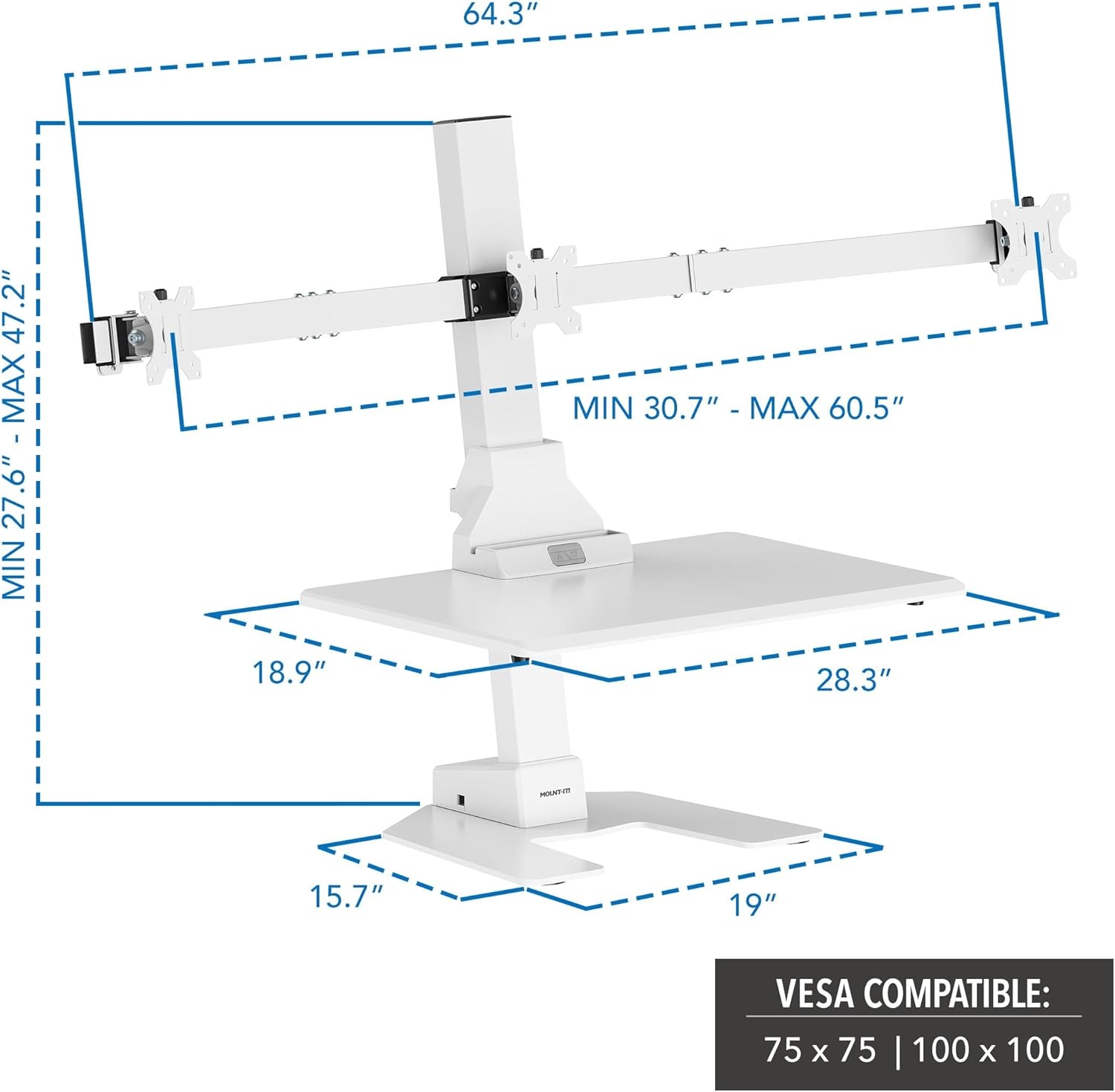 image:imageMountIt Double Monitor Electric Standing Desk Converter 2 Screens Stand Up Desk Riser Height Adjustable Desktop amp 2 Mounts for Screens up to 32 SitStand Convertor for Home Office SchoolWhite
