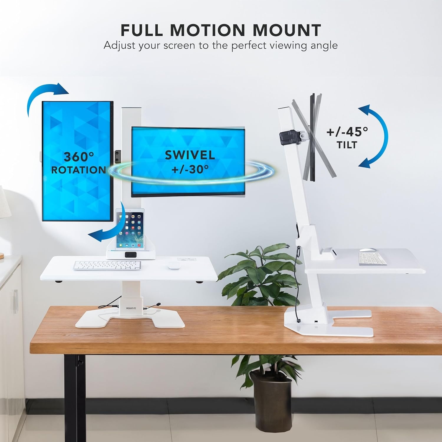 image:imageMountIt Double Monitor Electric Standing Desk Converter 2 Screens Stand Up Desk Riser Height Adjustable Desktop amp 2 Mounts for Screens up to 32 SitStand Convertor for Home Office SchoolWhite