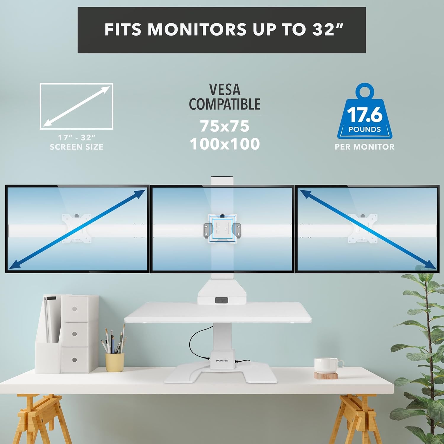 image:imageMountIt Double Monitor Electric Standing Desk Converter 2 Screens Stand Up Desk Riser Height Adjustable Desktop amp 2 Mounts for Screens up to 32 SitStand Convertor for Home Office SchoolWhite