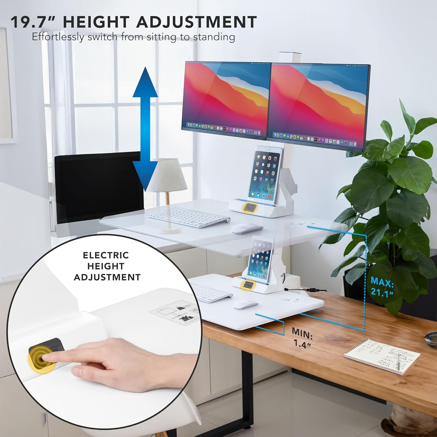 image:imageMountIt Double Monitor Electric Standing Desk Converter 2 Screens Stand Up Desk Riser Height Adjustable Desktop amp 2 Mounts for Screens up to 32 SitStand Convertor for Home Office SchoolWhite