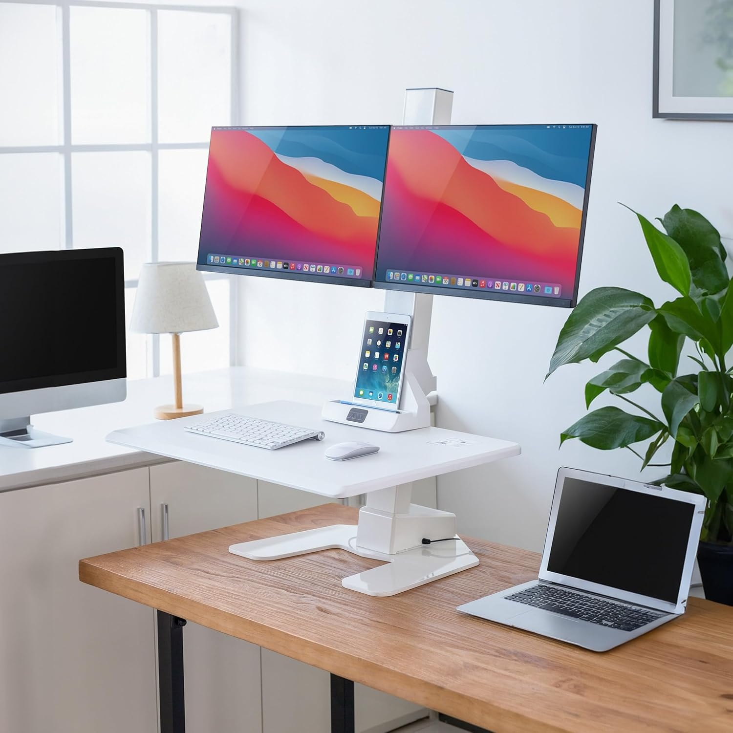 image:imageMountIt Double Monitor Electric Standing Desk Converter 2 Screens Stand Up Desk Riser Height Adjustable Desktop amp 2 Mounts for Screens up to 32 SitStand Convertor for Home Office SchoolWhite