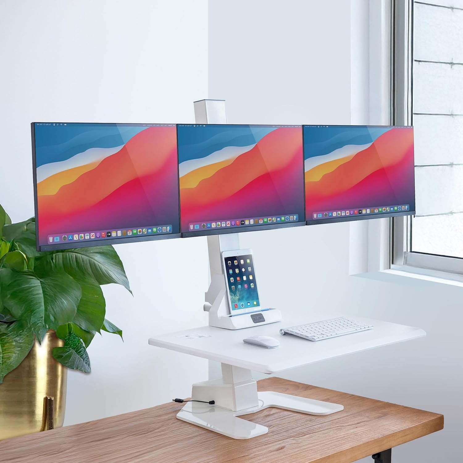 image:imageMountIt Double Monitor Electric Standing Desk Converter 2 Screens Stand Up Desk Riser Height Adjustable Desktop amp 2 Mounts for Screens up to 32 SitStand Convertor for Home Office SchoolWhite