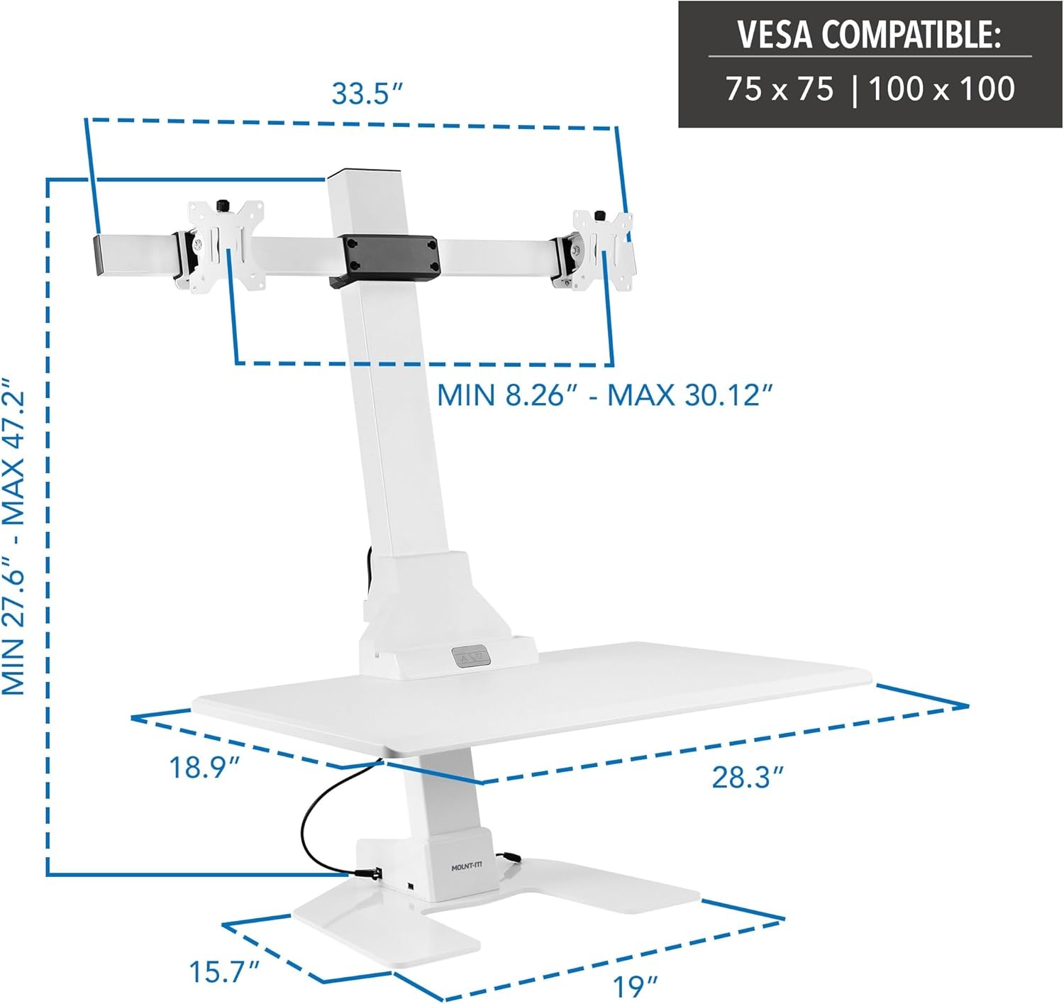 image:imageMountIt Double Monitor Electric Standing Desk Converter 2 Screens Stand Up Desk Riser Height Adjustable Desktop amp 2 Mounts for Screens up to 32 SitStand Convertor for Home Office SchoolWhite