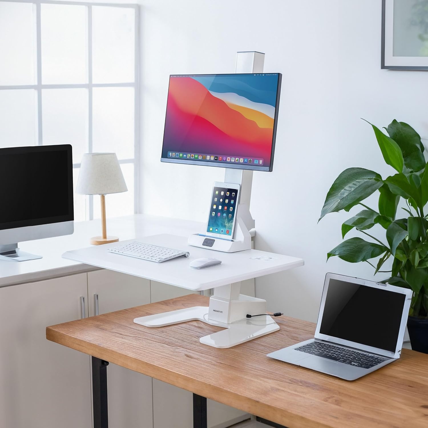 image:imageMountIt Double Monitor Electric Standing Desk Converter 2 Screens Stand Up Desk Riser Height Adjustable Desktop amp 2 Mounts for Screens up to 32 SitStand Convertor for Home Office SchoolWhite