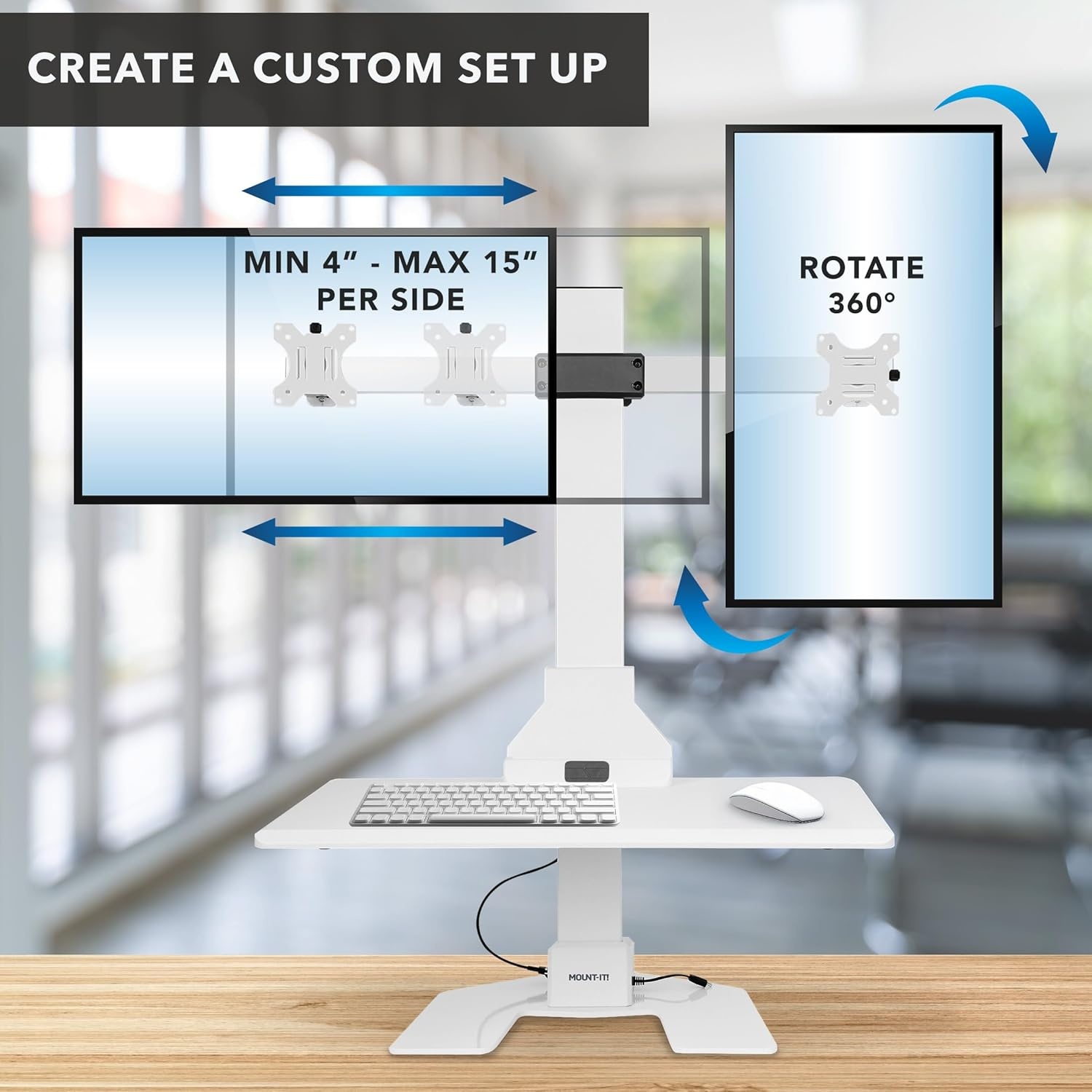image:imageMountIt Double Monitor Electric Standing Desk Converter 2 Screens Stand Up Desk Riser Height Adjustable Desktop amp 2 Mounts for Screens up to 32 SitStand Convertor for Home Office SchoolWhite