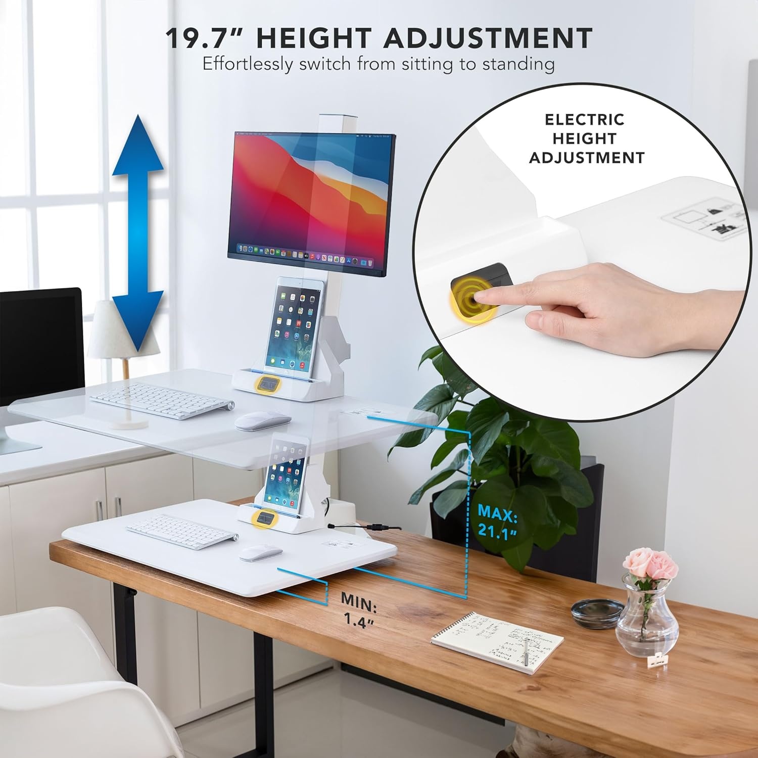 image:imageMountIt Double Monitor Electric Standing Desk Converter 2 Screens Stand Up Desk Riser Height Adjustable Desktop amp 2 Mounts for Screens up to 32 SitStand Convertor for Home Office SchoolWhite