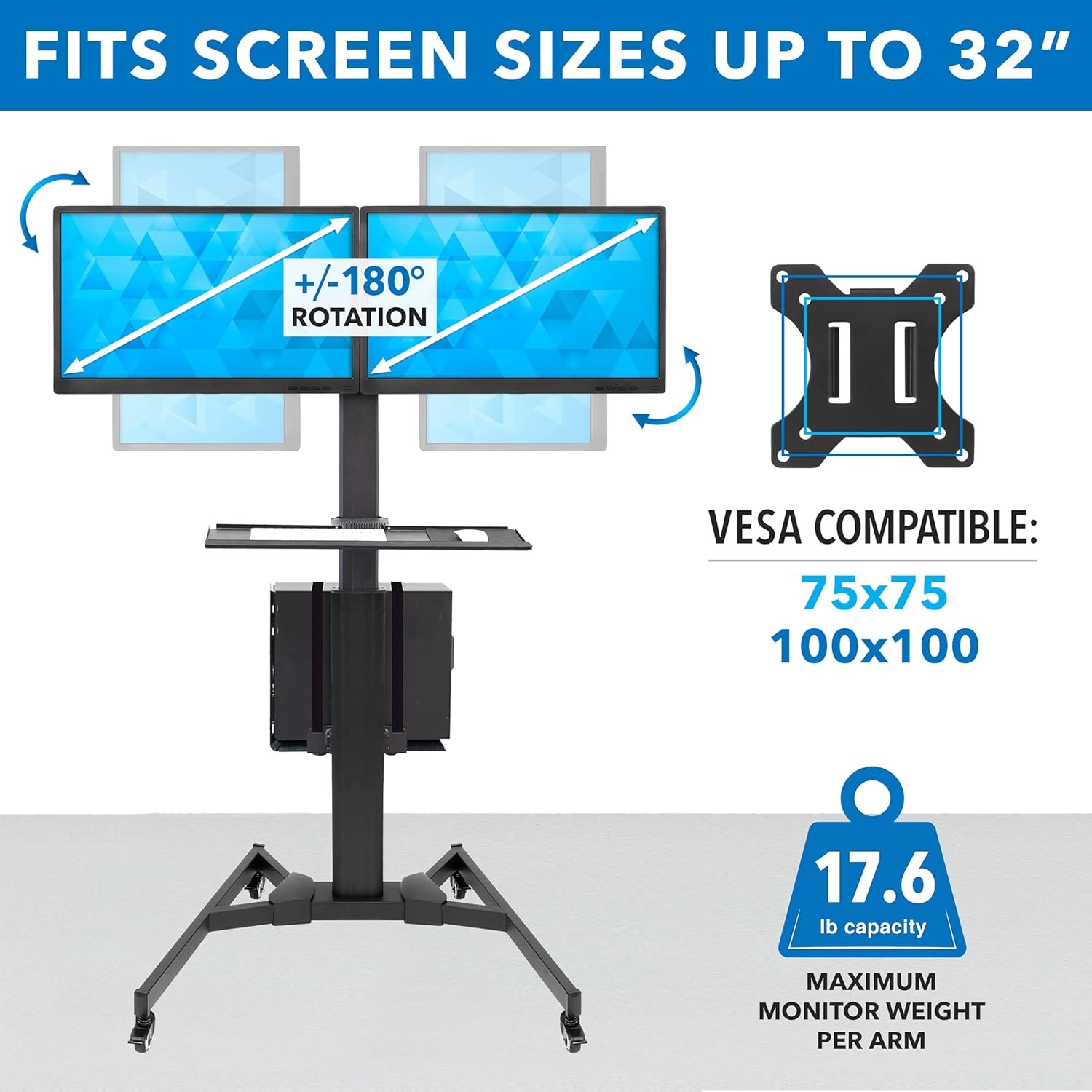 image:imageMountIt Dual Monitor Computer Cart Mobile Standing Desk with Wheels Rolling Workstation with Keyboard Tray CPU Holder and Adjustable Screen Mount for Office Medical or Warehouse2 Monitors