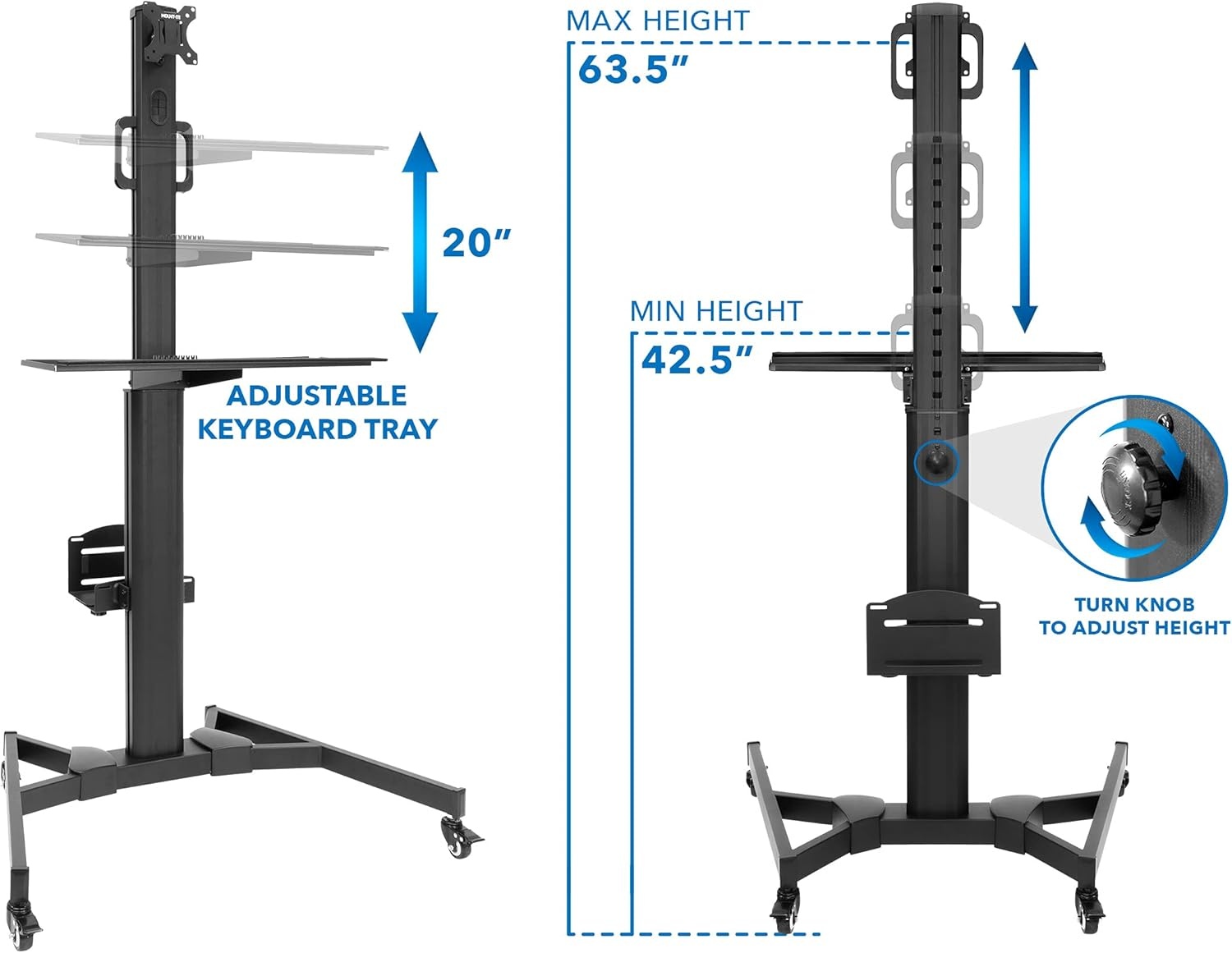 image:imageMountIt Dual Monitor Computer Cart Mobile Standing Desk with Wheels Rolling Workstation with Keyboard Tray CPU Holder and Adjustable Screen Mount for Office Medical or Warehouse1 Monitor