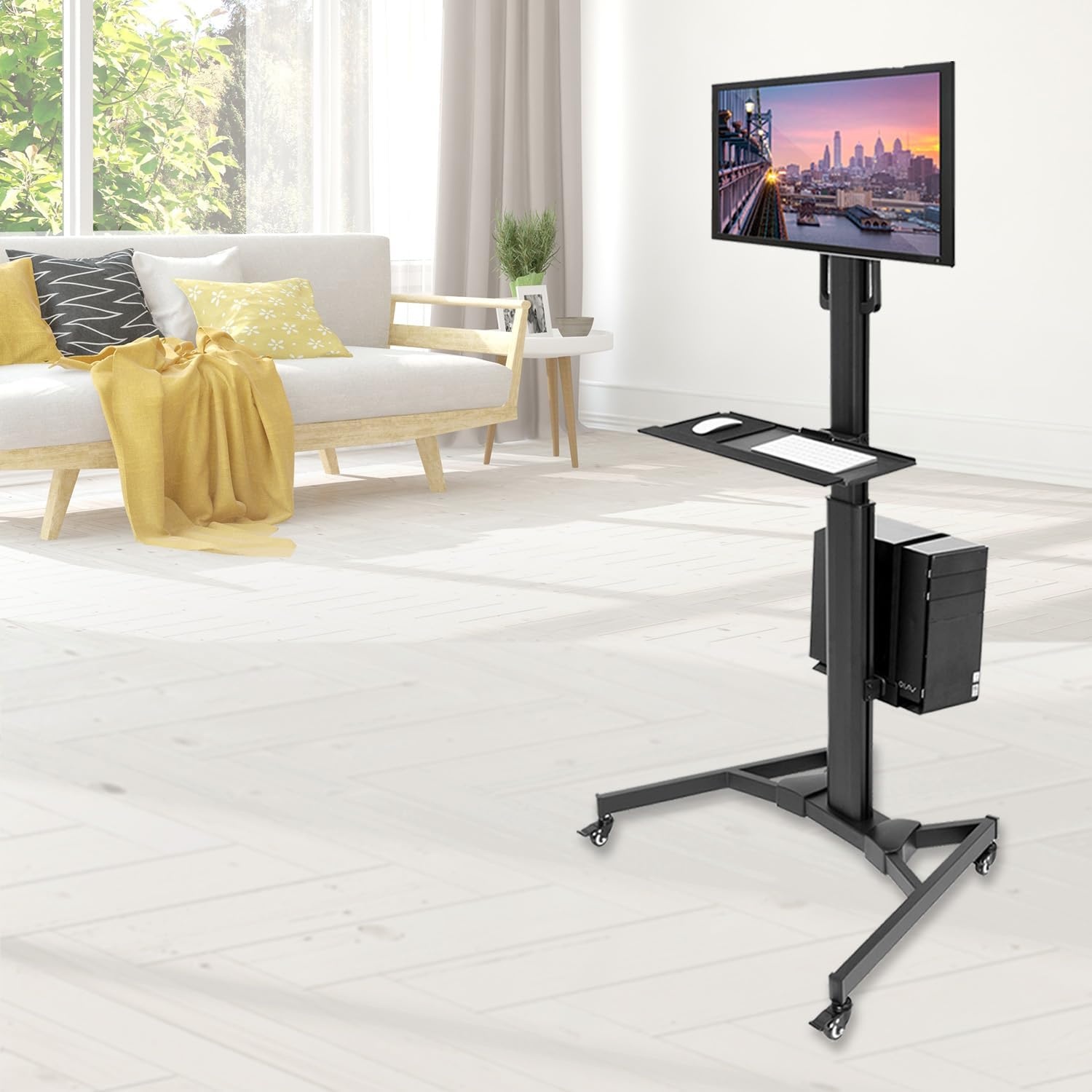 image:imageMountIt Dual Monitor Computer Cart Mobile Standing Desk with Wheels Rolling Workstation with Keyboard Tray CPU Holder and Adjustable Screen Mount for Office Medical or Warehouse1 Monitor