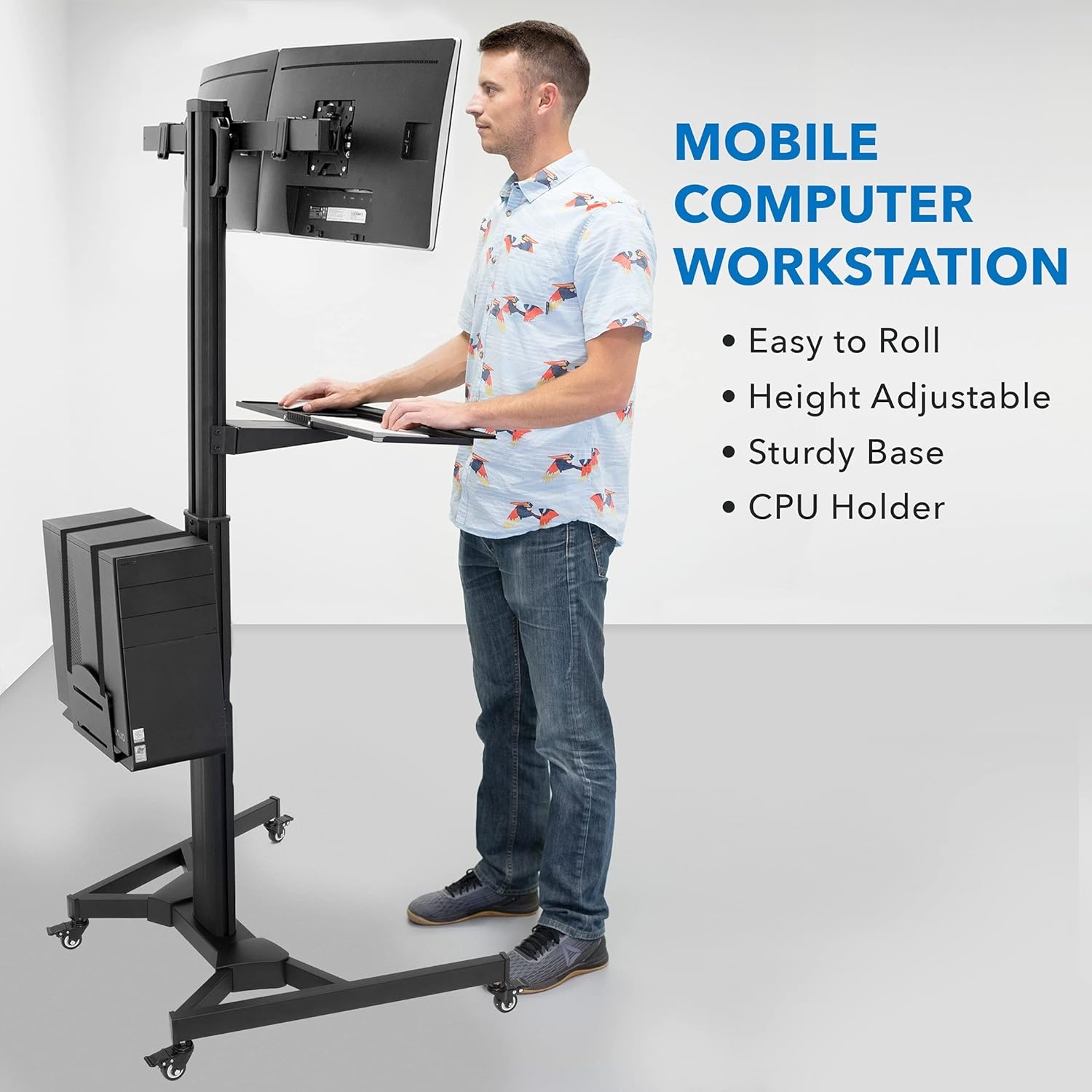 image:imageMountIt Dual Monitor Computer Cart Mobile Standing Desk with Wheels Rolling Workstation with Keyboard Tray CPU Holder and Adjustable Screen Mount for Office Medical or Warehouse2 Monitors
