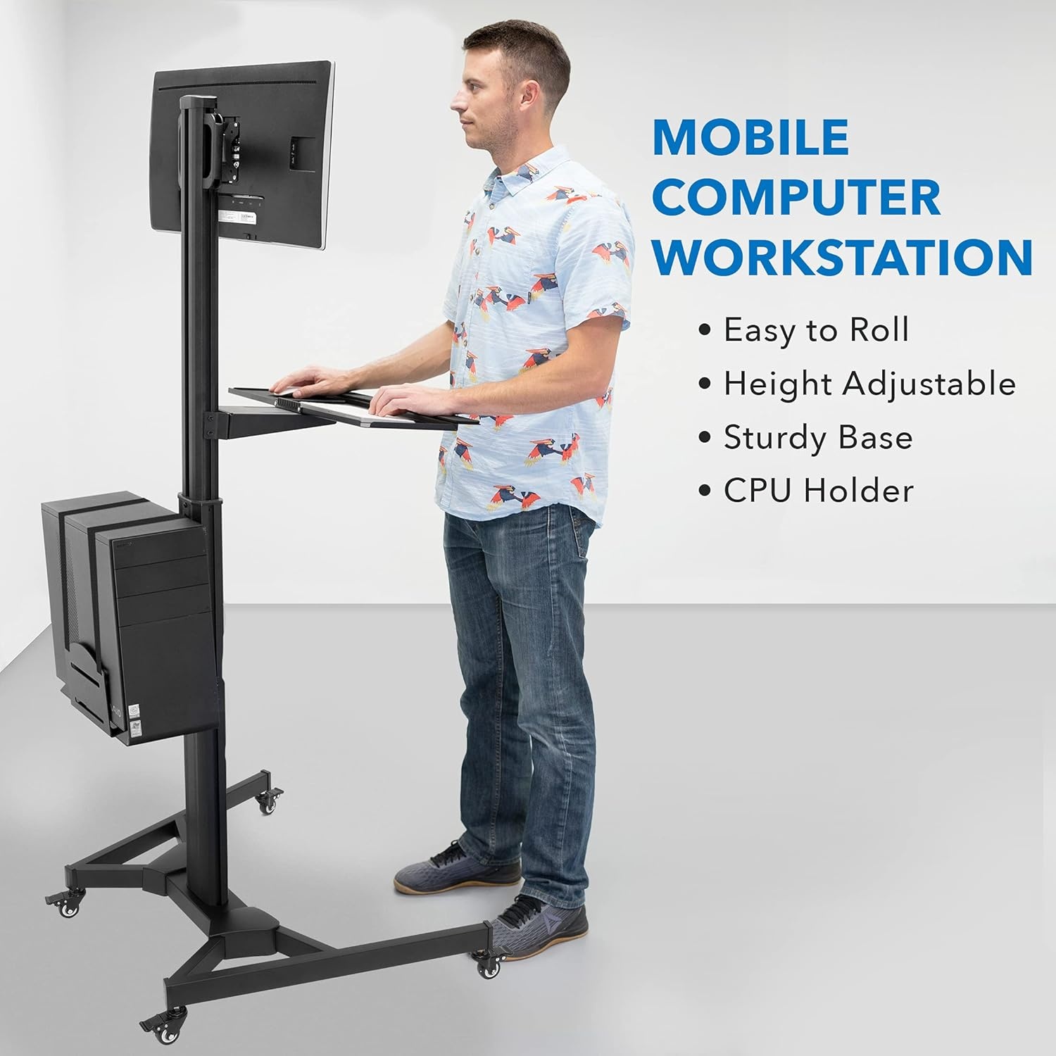 image:imageMountIt Dual Monitor Computer Cart Mobile Standing Desk with Wheels Rolling Workstation with Keyboard Tray CPU Holder and Adjustable Screen Mount for Office Medical or Warehouse1 Monitor