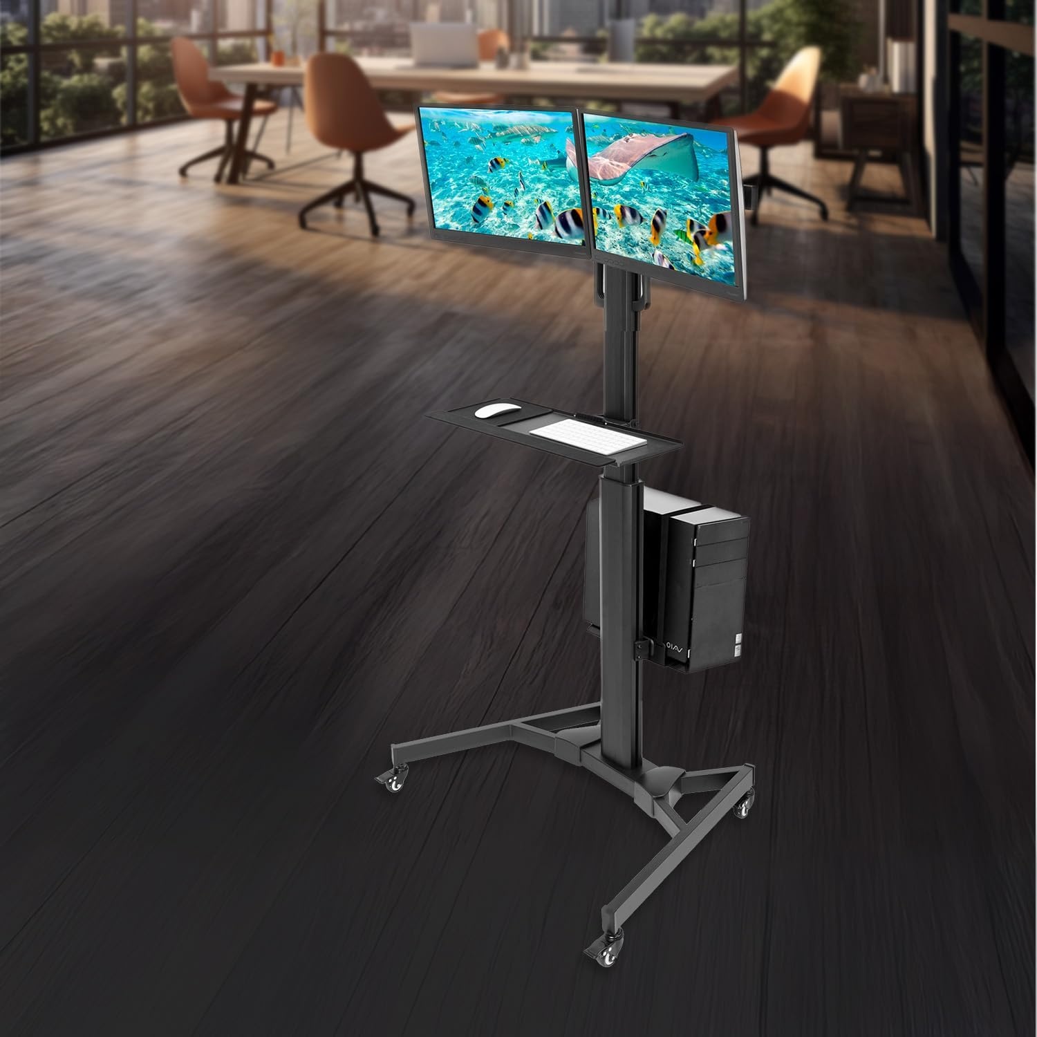 image:imageMountIt Dual Monitor Computer Cart Mobile Standing Desk with Wheels Rolling Workstation with Keyboard Tray CPU Holder and Adjustable Screen Mount for Office Medical or Warehouse2 Monitors