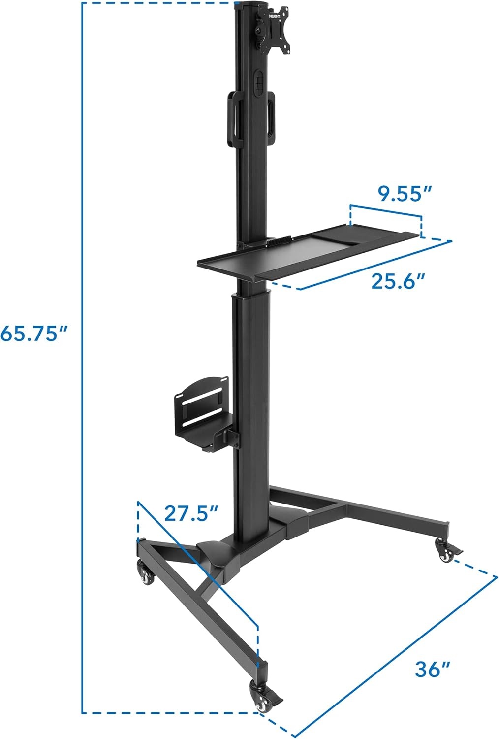 image:imageMountIt Dual Monitor Computer Cart Mobile Standing Desk with Wheels Rolling Workstation with Keyboard Tray CPU Holder and Adjustable Screen Mount for Office Medical or Warehouse1 Monitor