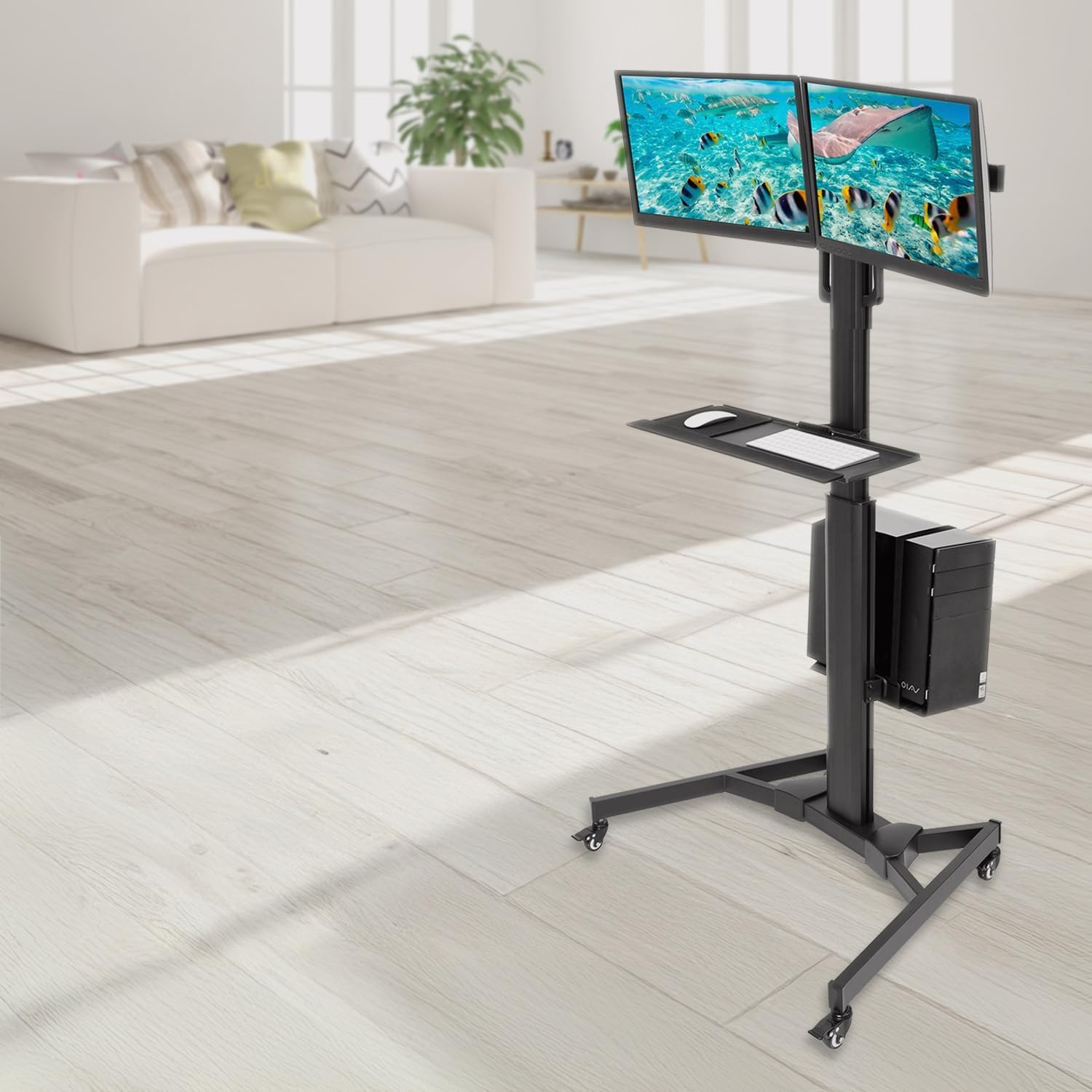image:imageMountIt Dual Monitor Computer Cart Mobile Standing Desk with Wheels Rolling Workstation with Keyboard Tray CPU Holder and Adjustable Screen Mount for Office Medical or Warehouse2 Monitors