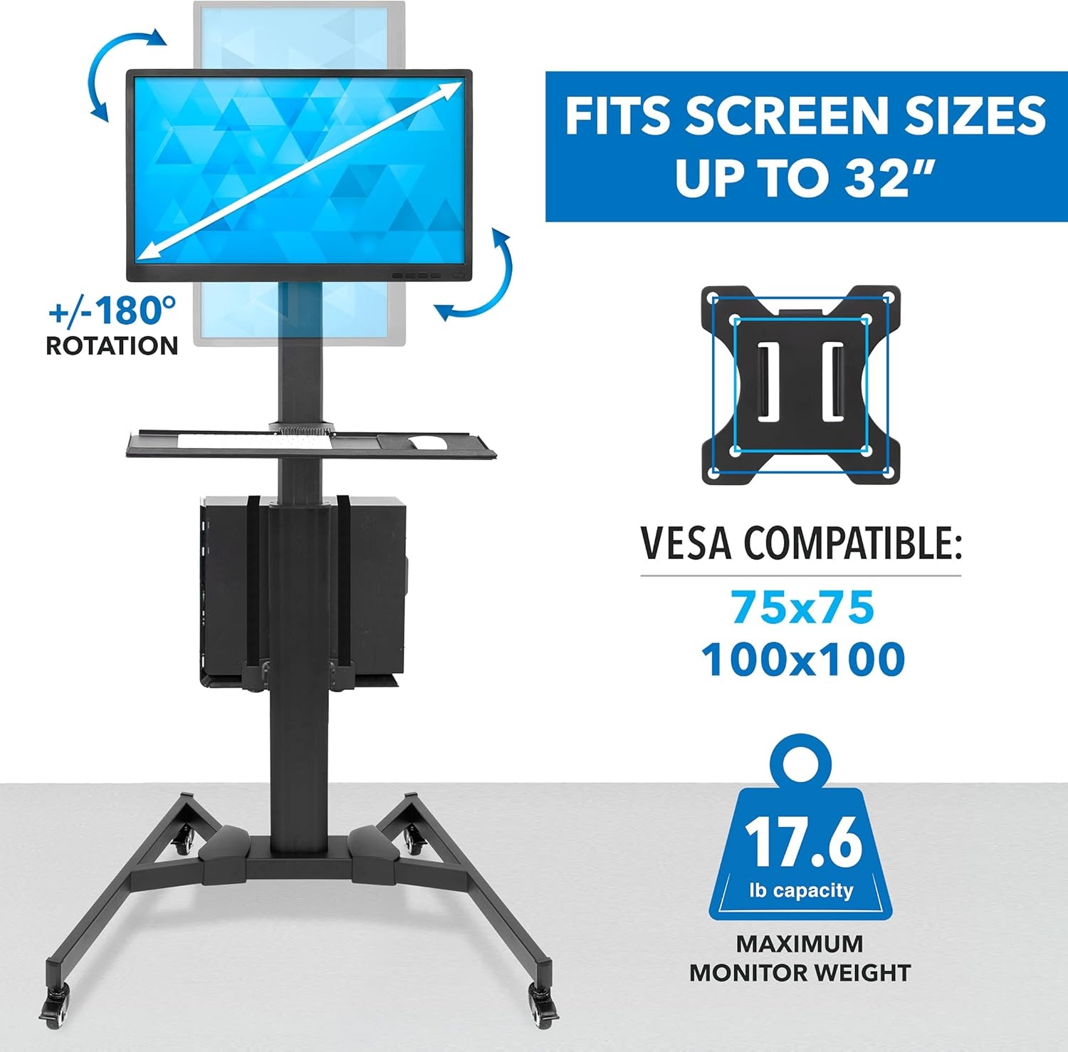 image:imageMountIt Dual Monitor Computer Cart Mobile Standing Desk with Wheels Rolling Workstation with Keyboard Tray CPU Holder and Adjustable Screen Mount for Office Medical or Warehouse1 Monitor