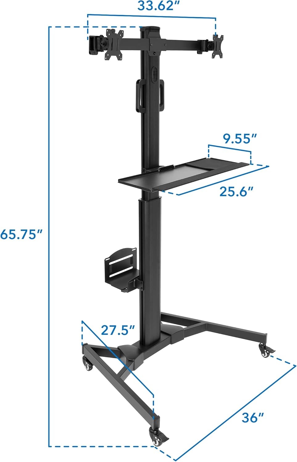 image:imageMountIt Dual Monitor Computer Cart Mobile Standing Desk with Wheels Rolling Workstation with Keyboard Tray CPU Holder and Adjustable Screen Mount for Office Medical or Warehouse2 Monitors
