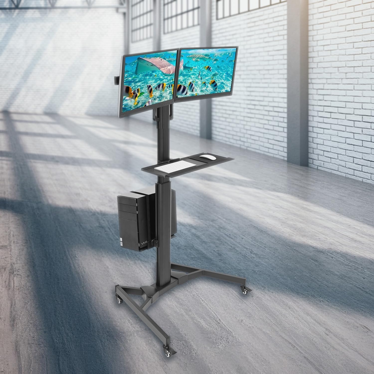 image:imageMountIt Dual Monitor Computer Cart Mobile Standing Desk with Wheels Rolling Workstation with Keyboard Tray CPU Holder and Adjustable Screen Mount for Office Medical or Warehouse2 Monitors
