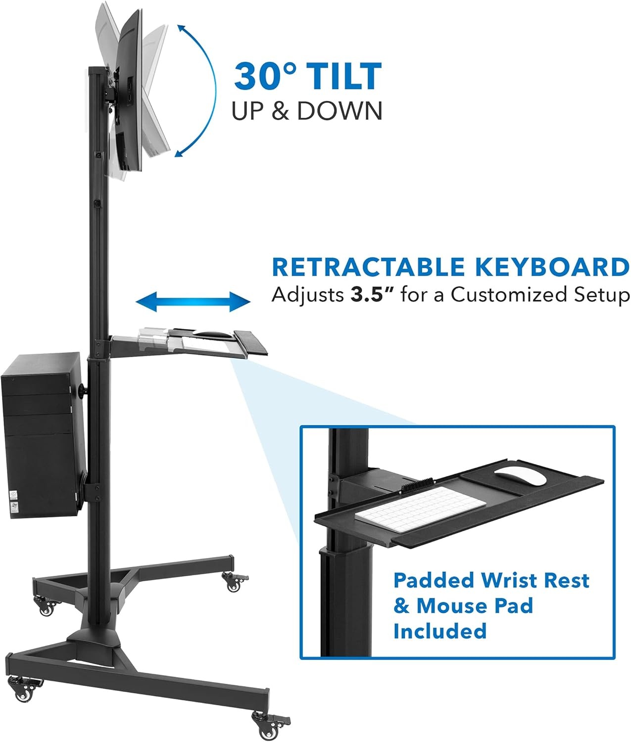image:imageMountIt Dual Monitor Computer Cart Mobile Standing Desk with Wheels Rolling Workstation with Keyboard Tray CPU Holder and Adjustable Screen Mount for Office Medical or Warehouse2 Monitors