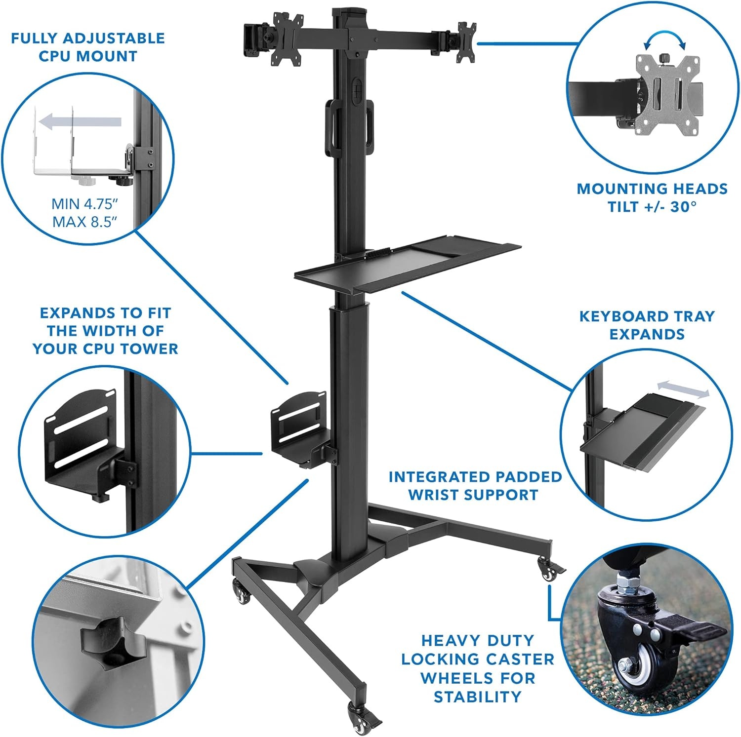 image:imageMountIt Dual Monitor Computer Cart Mobile Standing Desk with Wheels Rolling Workstation with Keyboard Tray CPU Holder and Adjustable Screen Mount for Office Medical or Warehouse2 Monitors