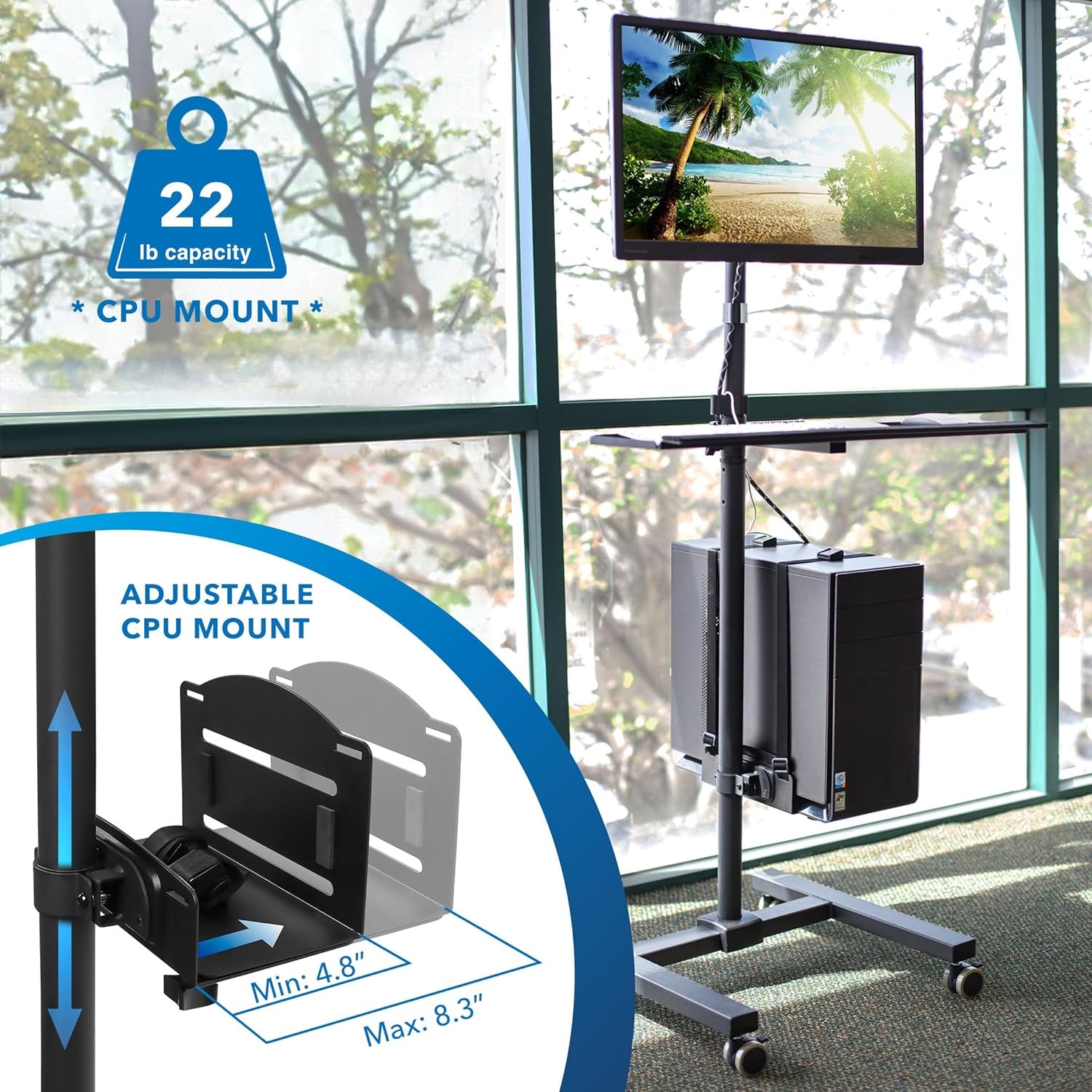 image:imageMountIt Rolling Computer Cart on Wheels Mobile Desk Workstation with Monitor Mount for up to 32 Screen Full Keyboard Tray Floating Adjustable CPU Holder Standing up to 70 Tall