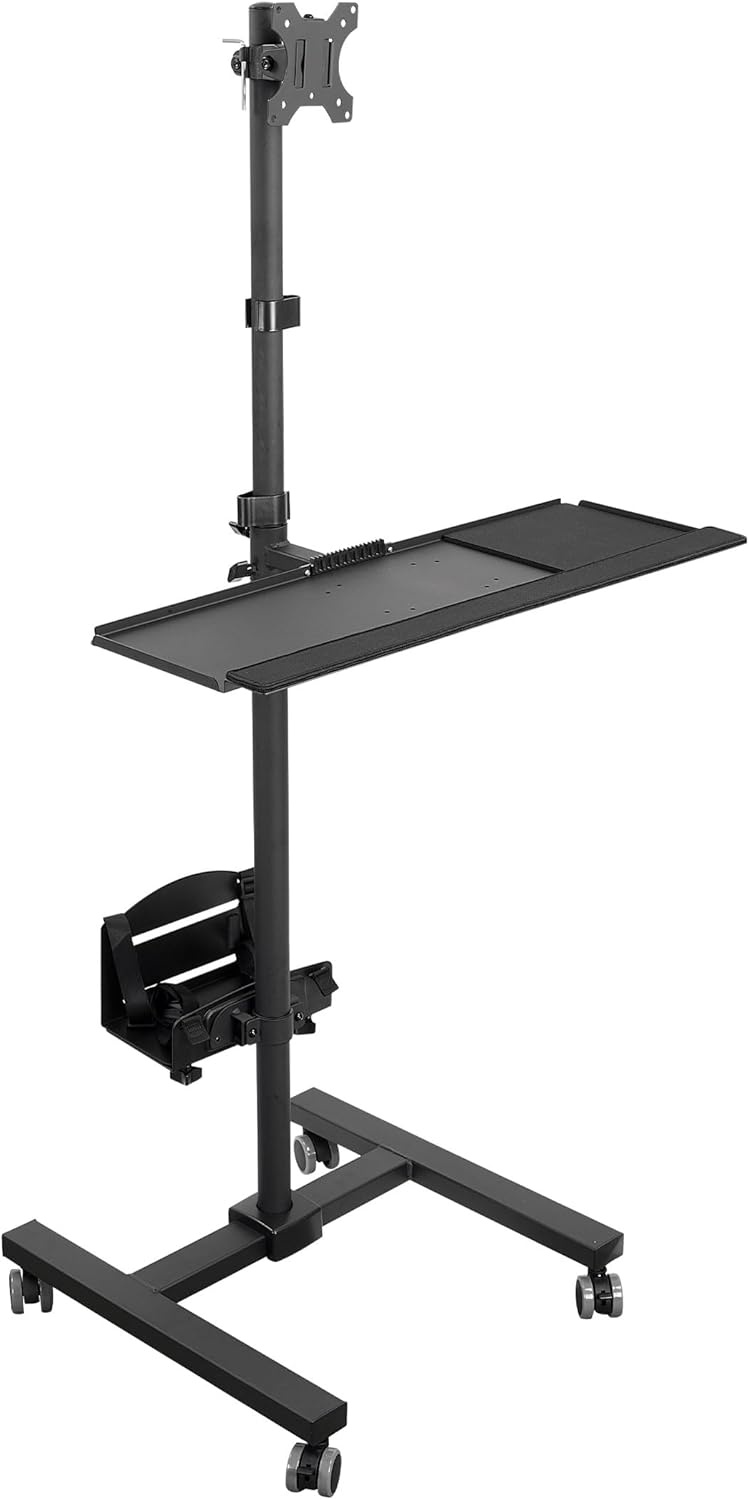 image:imageMountIt Rolling Computer Cart on Wheels Mobile Desk Workstation with Monitor Mount for up to 32 Screen Full Keyboard Tray Floating Adjustable CPU Holder Standing up to 70 Tall