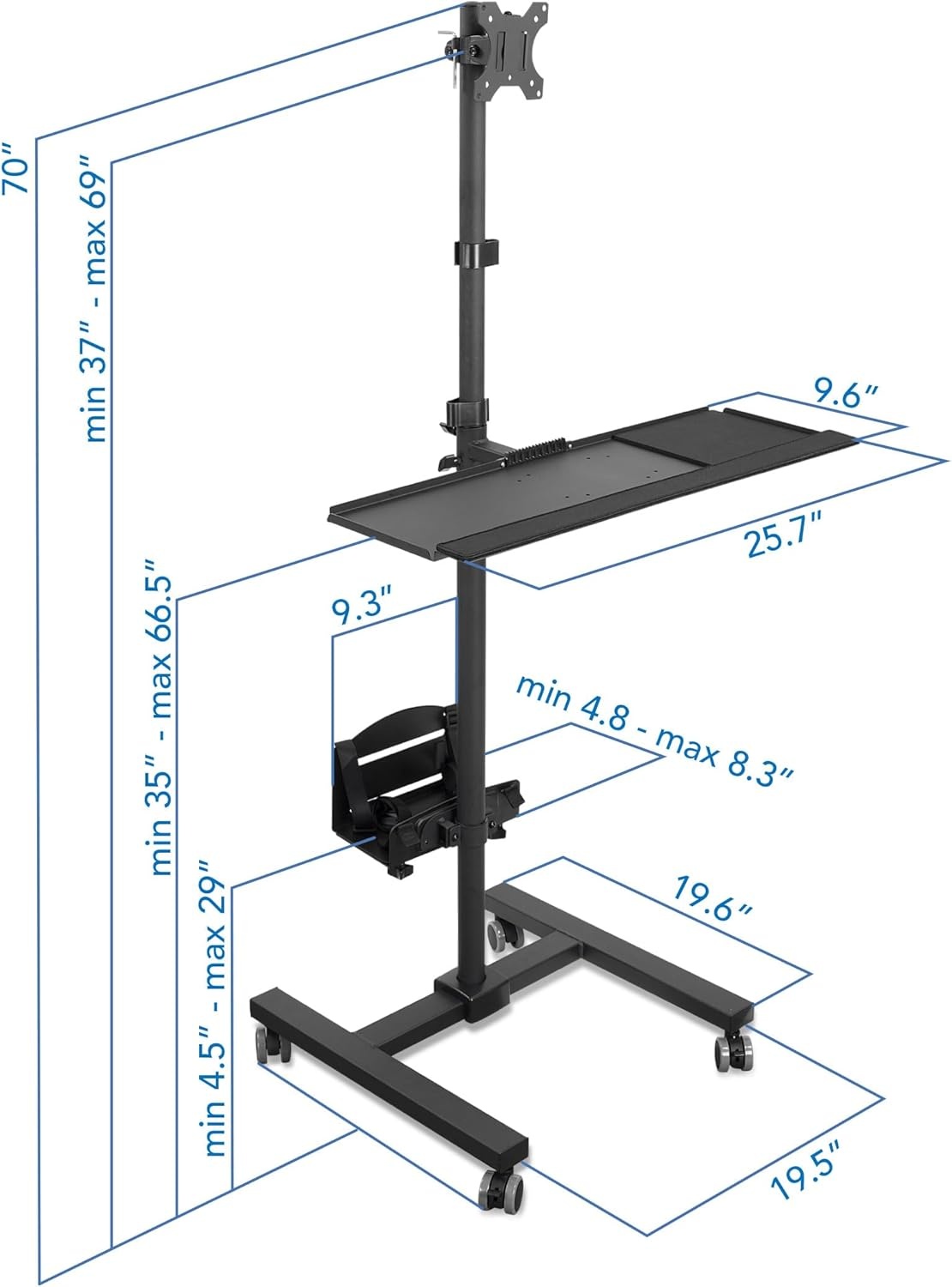 image:imageMountIt Rolling Computer Cart on Wheels Mobile Desk Workstation with Monitor Mount for up to 32 Screen Full Keyboard Tray Floating Adjustable CPU Holder Standing up to 70 Tall