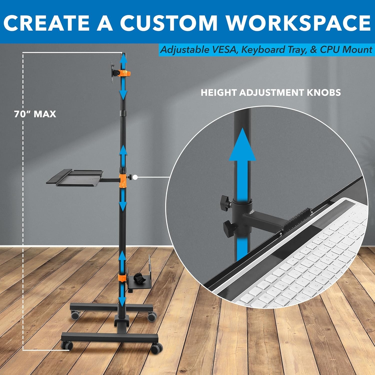image:imageMountIt Rolling Computer Cart on Wheels Mobile Desk Workstation with Monitor Mount for up to 32 Screen Full Keyboard Tray Floating Adjustable CPU Holder Standing up to 70 Tall
