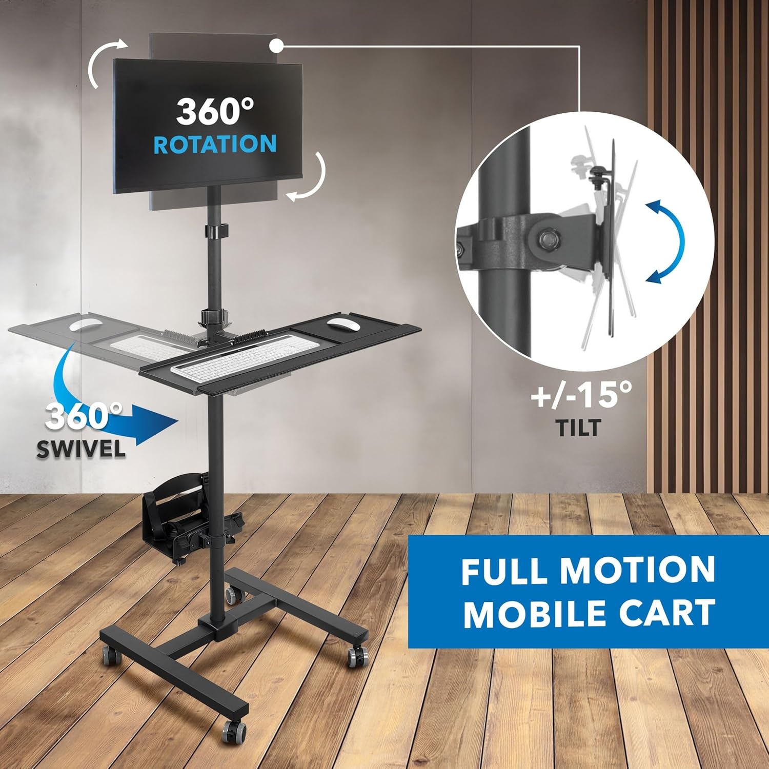 image:imageMountIt Rolling Computer Cart on Wheels Mobile Desk Workstation with Monitor Mount for up to 32 Screen Full Keyboard Tray Floating Adjustable CPU Holder Standing up to 70 Tall