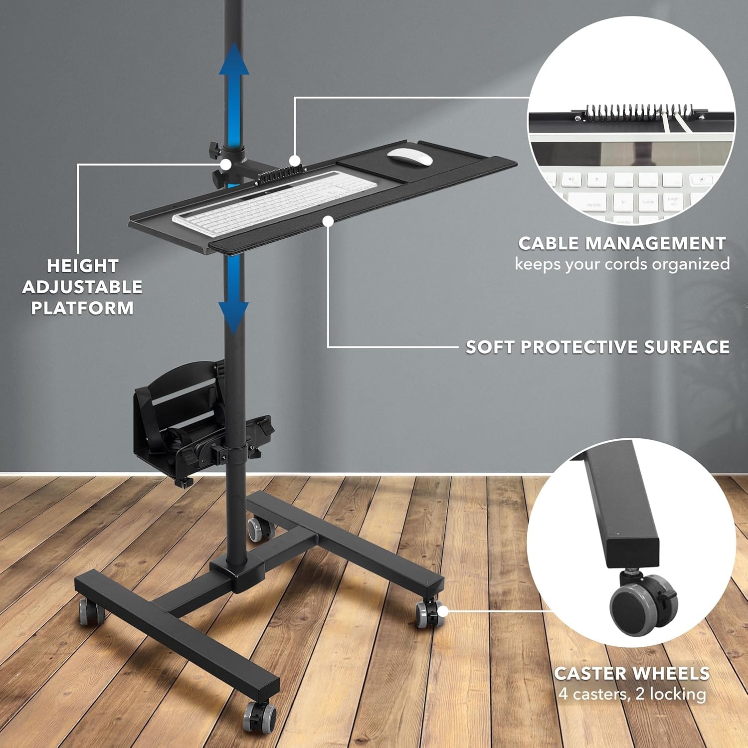 image:imageMountIt Rolling Computer Cart on Wheels Mobile Desk Workstation with Monitor Mount for up to 32 Screen Full Keyboard Tray Floating Adjustable CPU Holder Standing up to 70 Tall