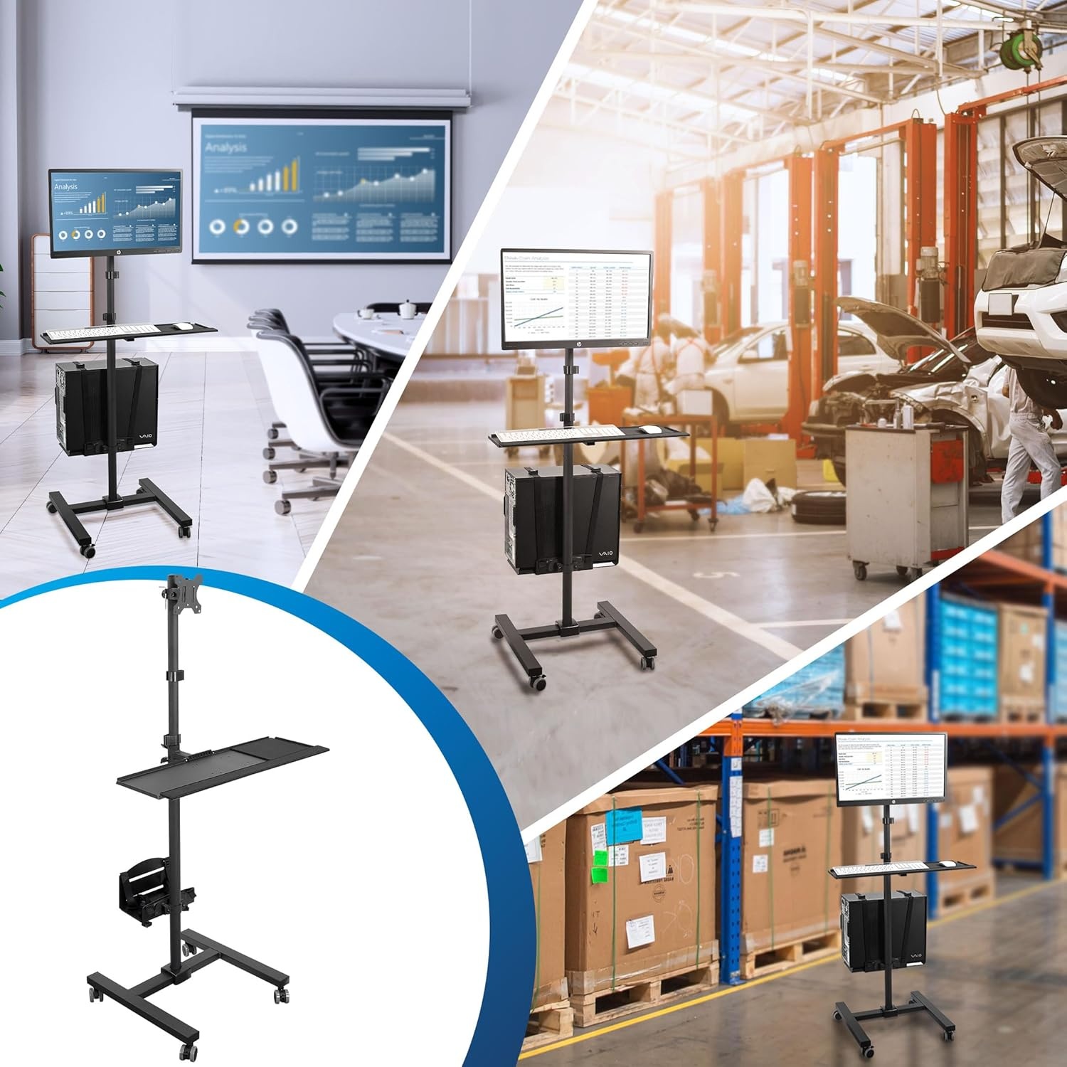 image:imageMountIt Rolling Computer Cart on Wheels Mobile Desk Workstation with Monitor Mount for up to 32 Screen Full Keyboard Tray Floating Adjustable CPU Holder Standing up to 70 Tall
