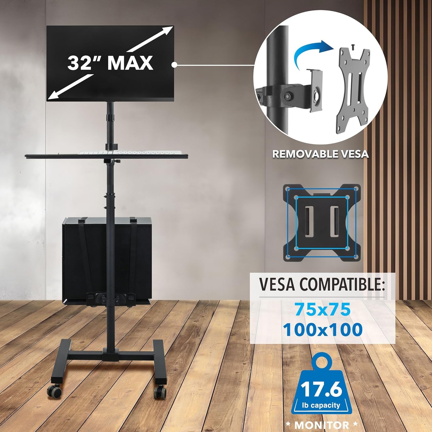 image:imageMountIt Rolling Computer Cart on Wheels Mobile Desk Workstation with Monitor Mount for up to 32 Screen Full Keyboard Tray Floating Adjustable CPU Holder Standing up to 70 Tall