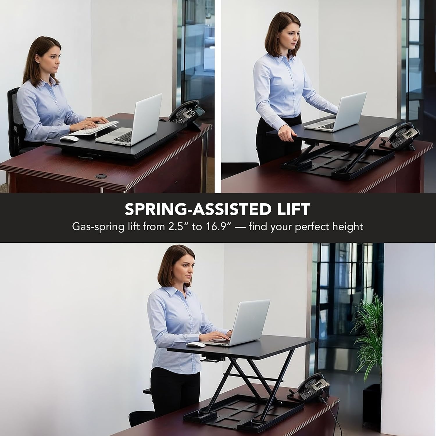 image:imageMountIt Standing Desk Converter 32 x 22 Sit Stand Desk Riser with Gas Spring Lift Slim 25 Low Profile Height Adjustable Desktop Workstation Preassembled SitStand Solution for Home amp OfficeBlack