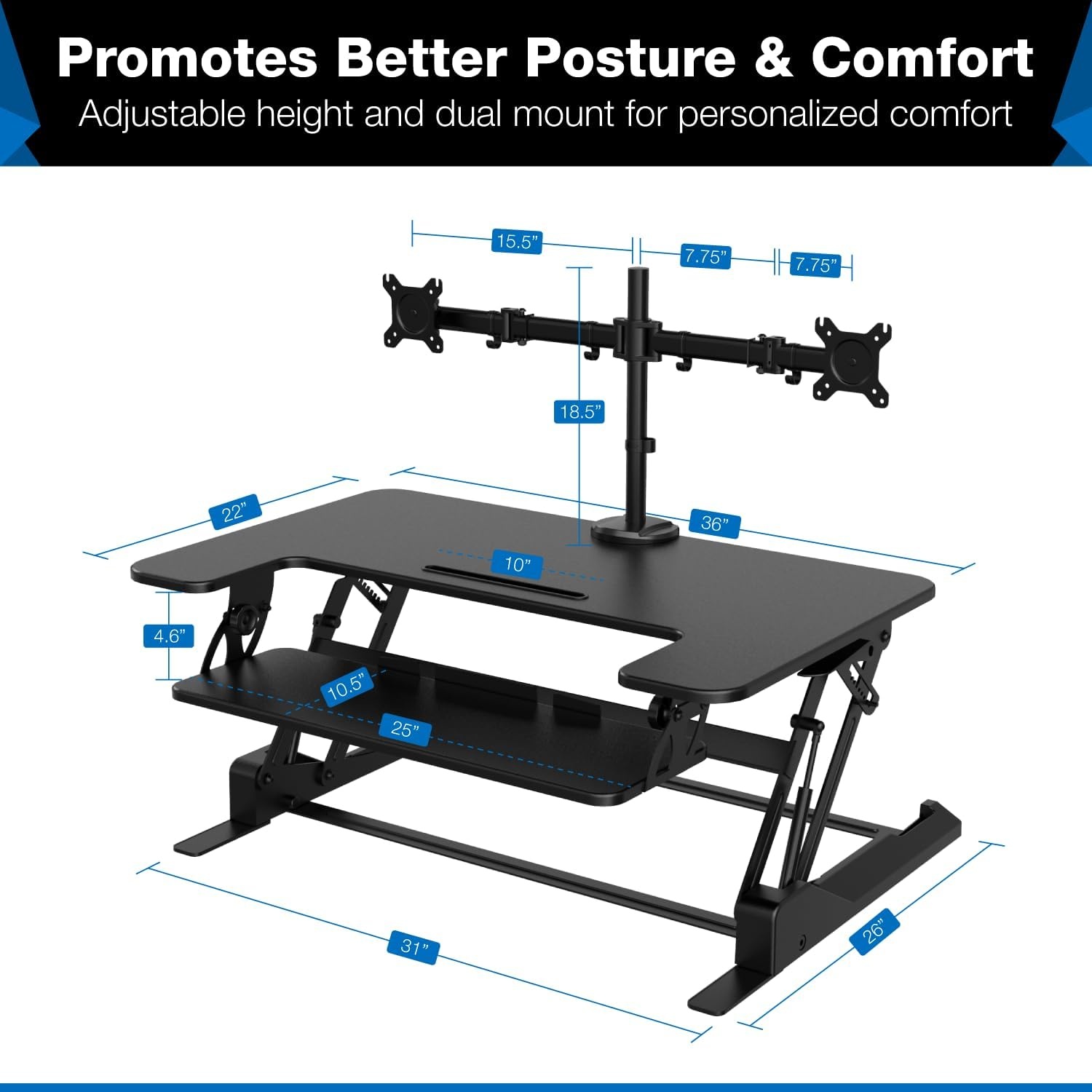 image:imageMountIt Standing Desk Converter Dual Monitor 2 Screen Mounts Included Height Adjustable Desk Riser in Black Stand Up Desk Convertor Large 36 Wide Sit Stand Convertor with Manual Lift Gas Spring