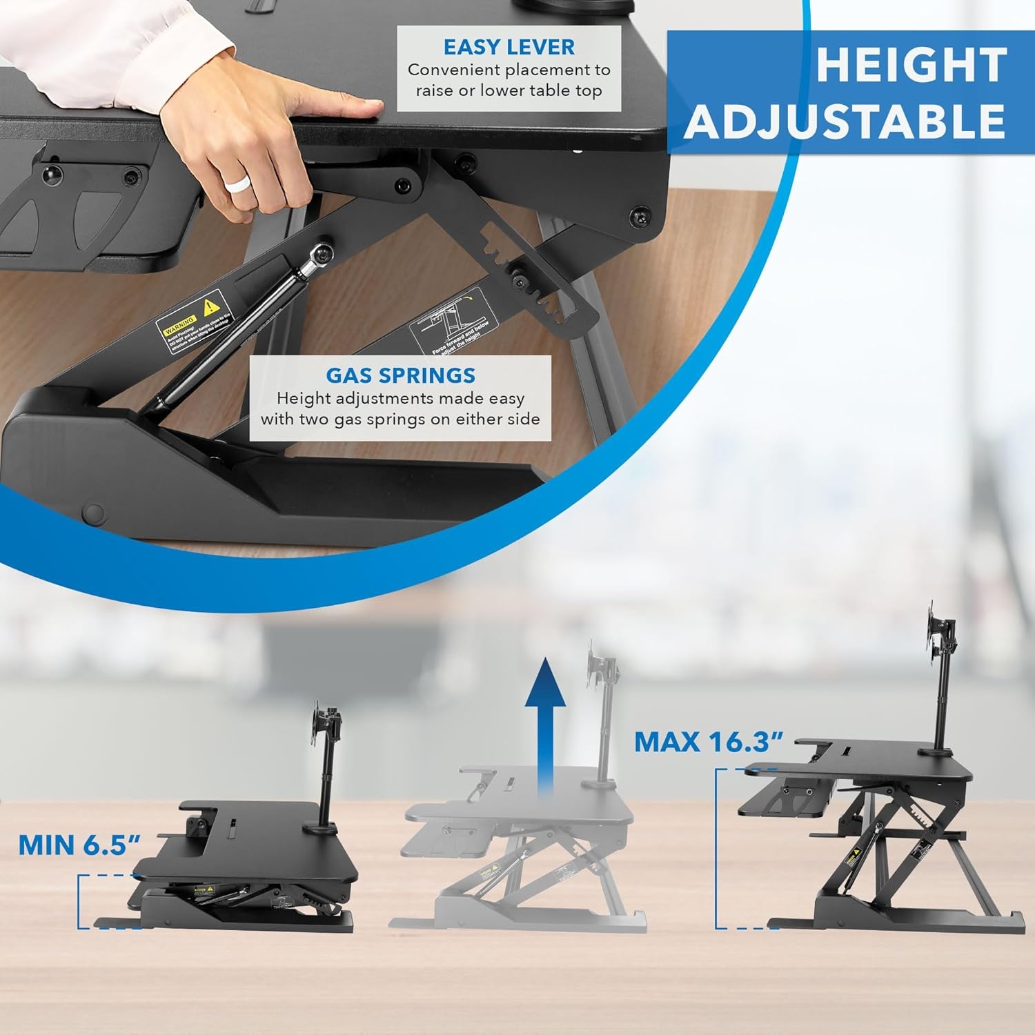 image:imageMountIt Standing Desk Converter Dual Monitor 2 Screen Mounts Included Height Adjustable Desk Riser in Black Stand Up Desk Convertor Large 36 Wide Sit Stand Convertor with Manual Lift Gas Spring