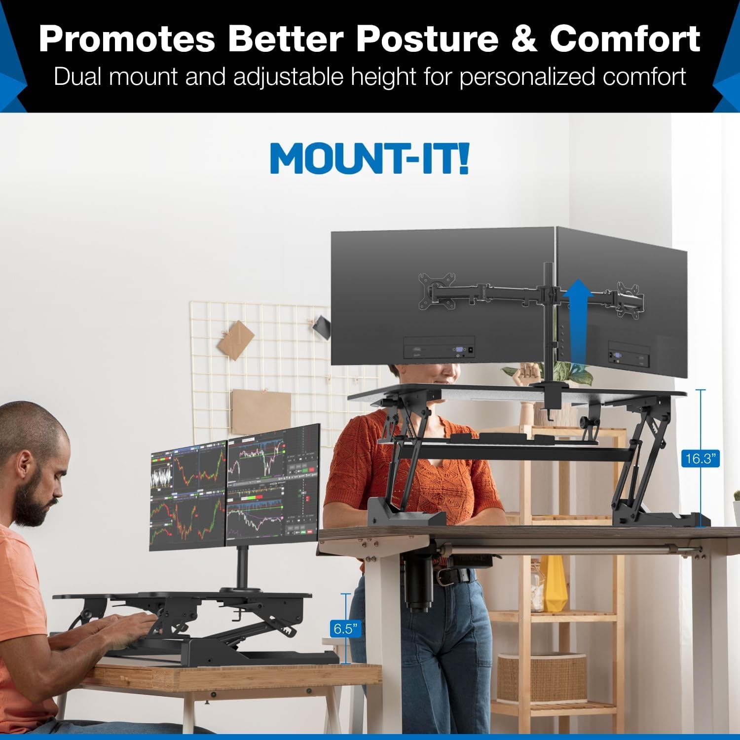 image:imageMountIt Standing Desk Converter Dual Monitor 2 Screen Mounts Included Height Adjustable Desk Riser in Black Stand Up Desk Convertor Large 36 Wide Sit Stand Convertor with Manual Lift Gas Spring