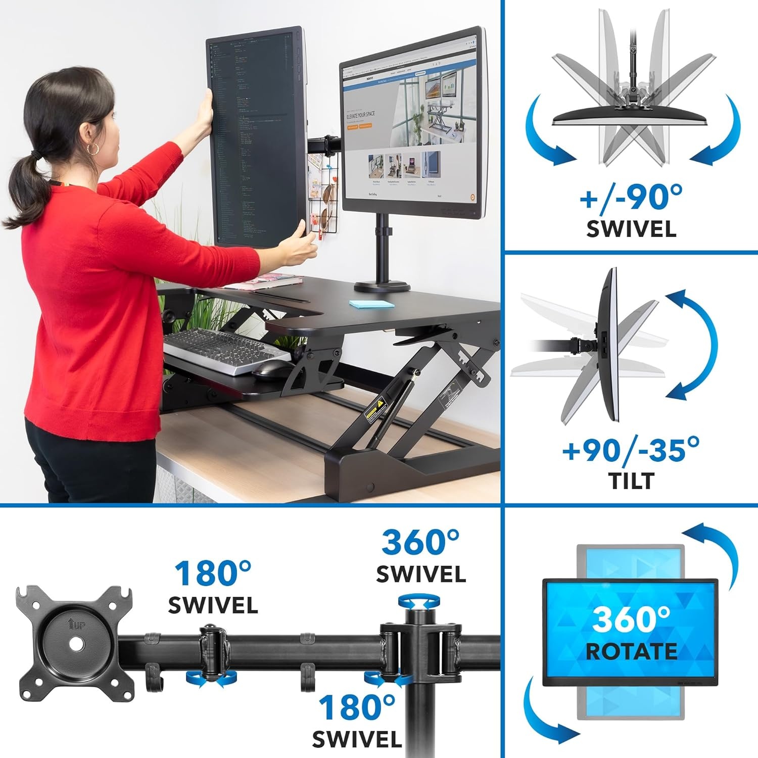 image:imageMountIt Standing Desk Converter Dual Monitor 2 Screen Mounts Included Height Adjustable Desk Riser in Black Stand Up Desk Convertor Large 36 Wide Sit Stand Convertor with Manual Lift Gas Spring