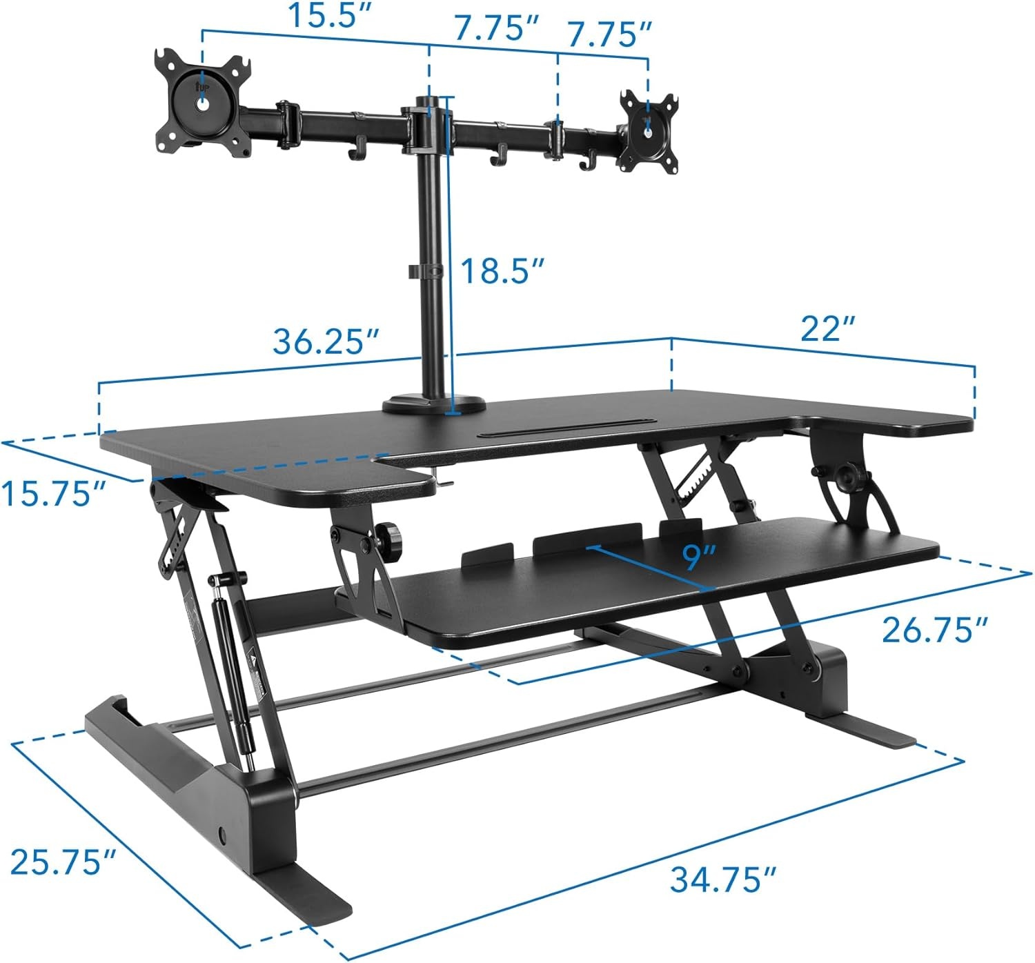 image:imageMountIt Standing Desk Converter Dual Monitor 2 Screen Mounts Included Height Adjustable Desk Riser in Black Stand Up Desk Convertor Large 36 Wide Sit Stand Convertor with Manual Lift Gas Spring